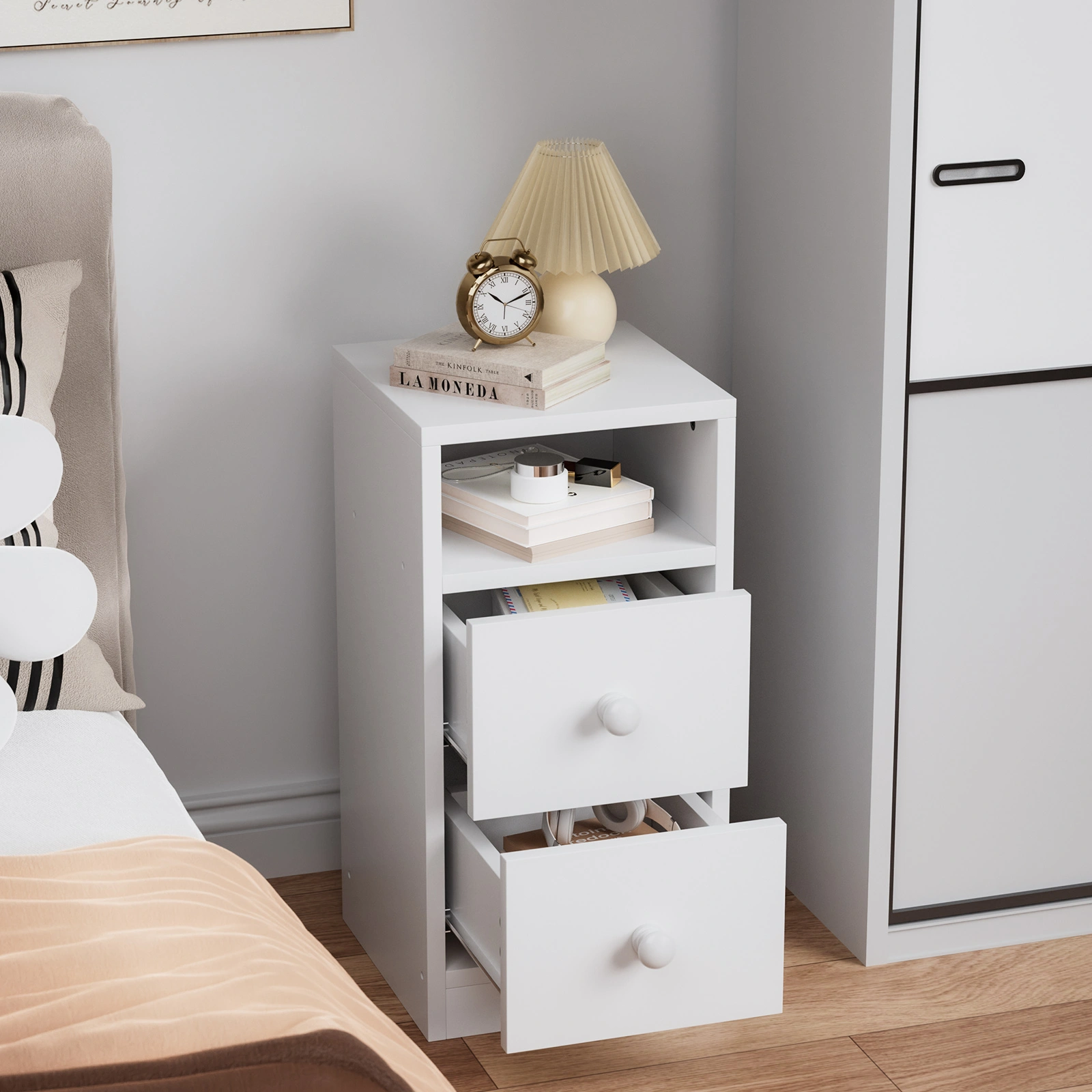 2 Pack White Nightstands with 2 Drawers Modern Bedside Tables for Bedroom Living Room