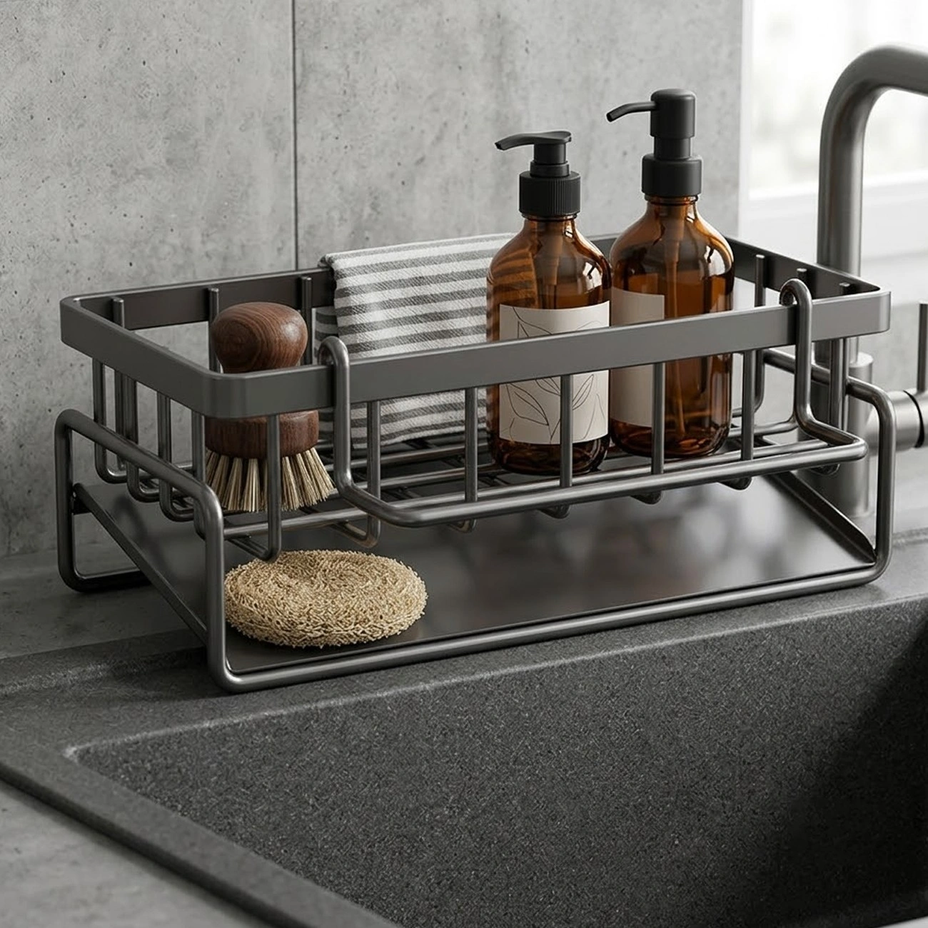 Stainless Steel Kitchen Sink Caddy Basket, Drain Rack Organizer, Dishcloth & Sponge Holder, US Shipping view 3