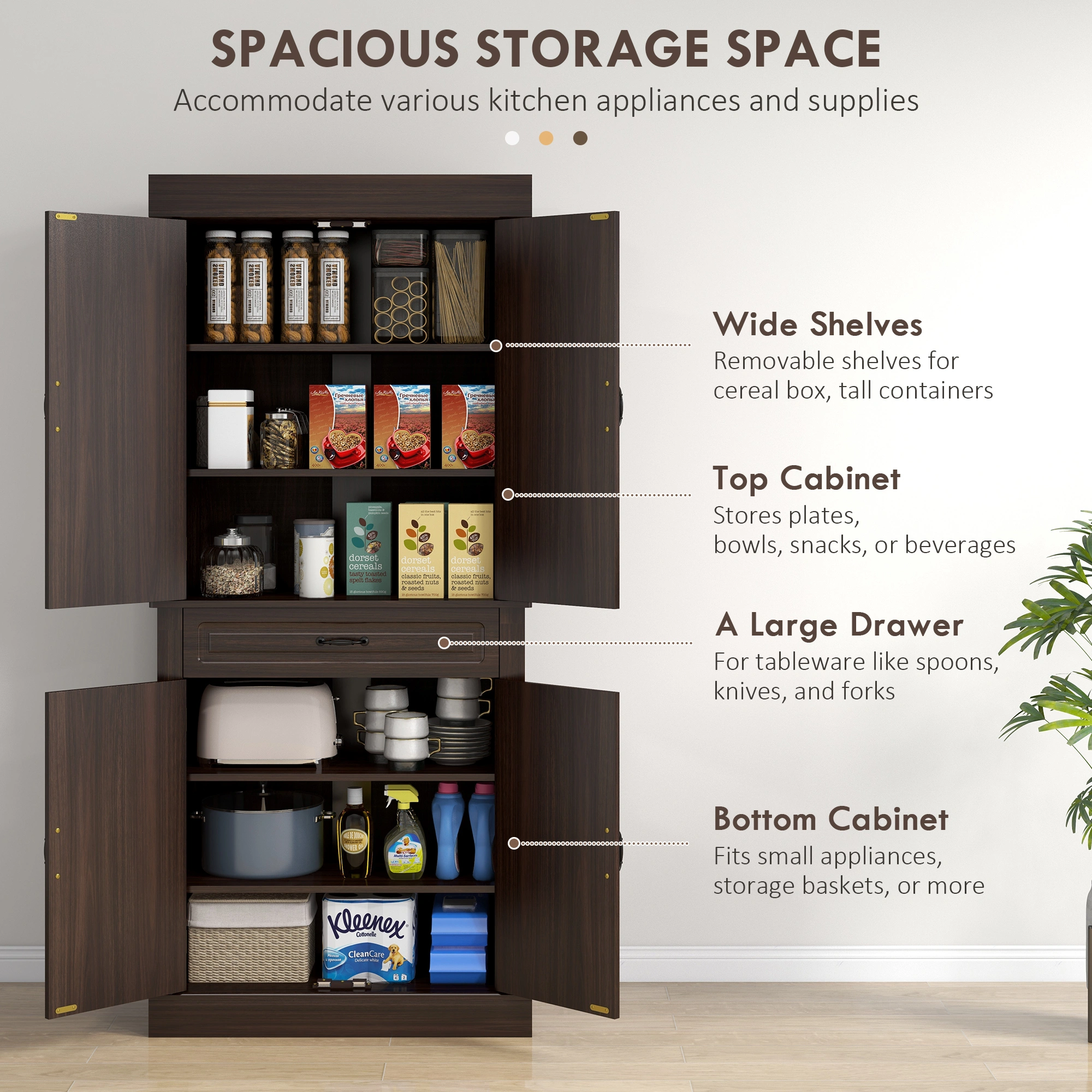 Multi-Tier Kitchen Storage Cabinet - Freestanding Pantry Organizer with Shelves, Closed Cupboard for Cookware, Dishes & Appliances view 3