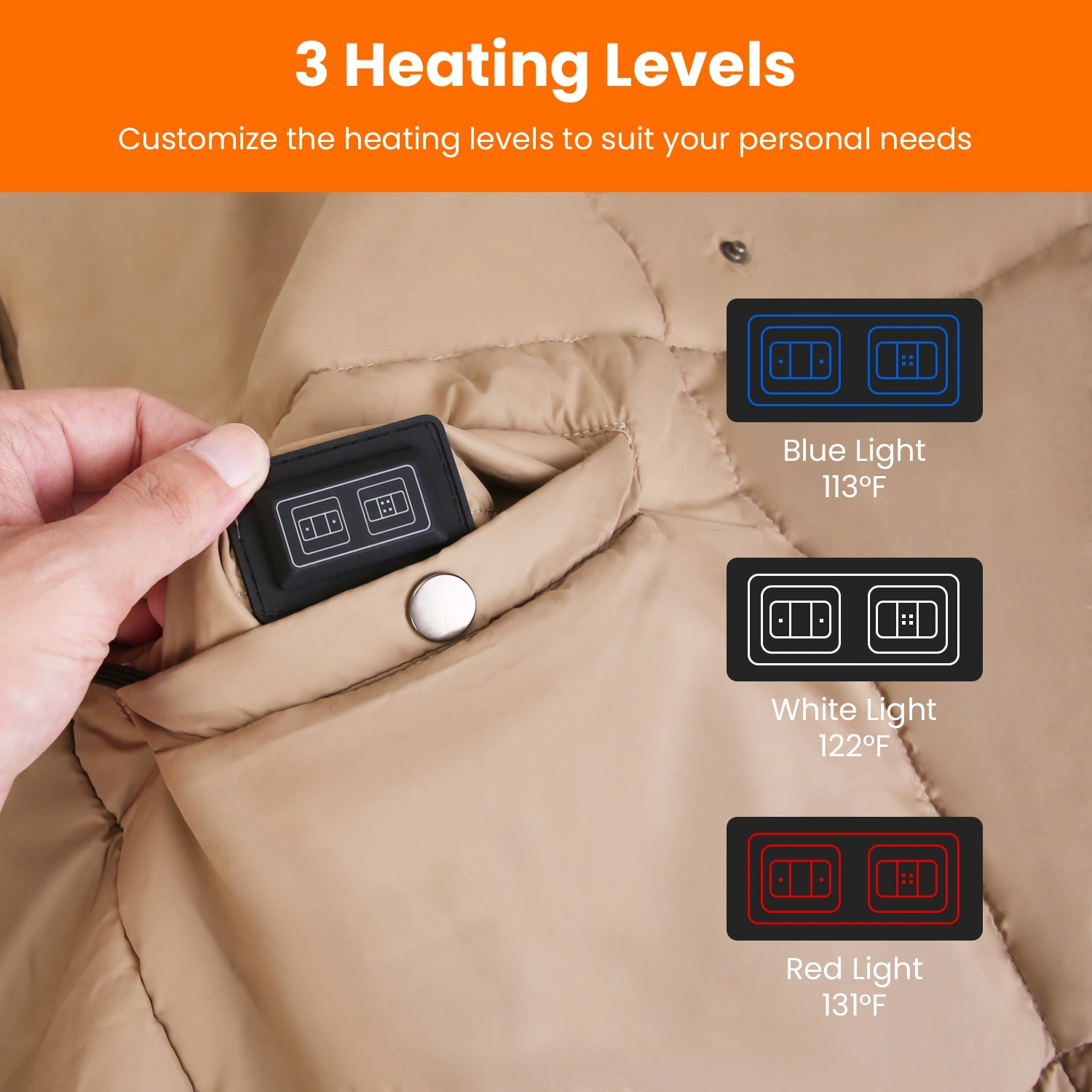 USB Heated Blanket Poncho Shawl, 6-Zone 3-Level Electric Wrap with Zipper Arms & Pocket, Machine Washable for Home Office Outdoor view 3