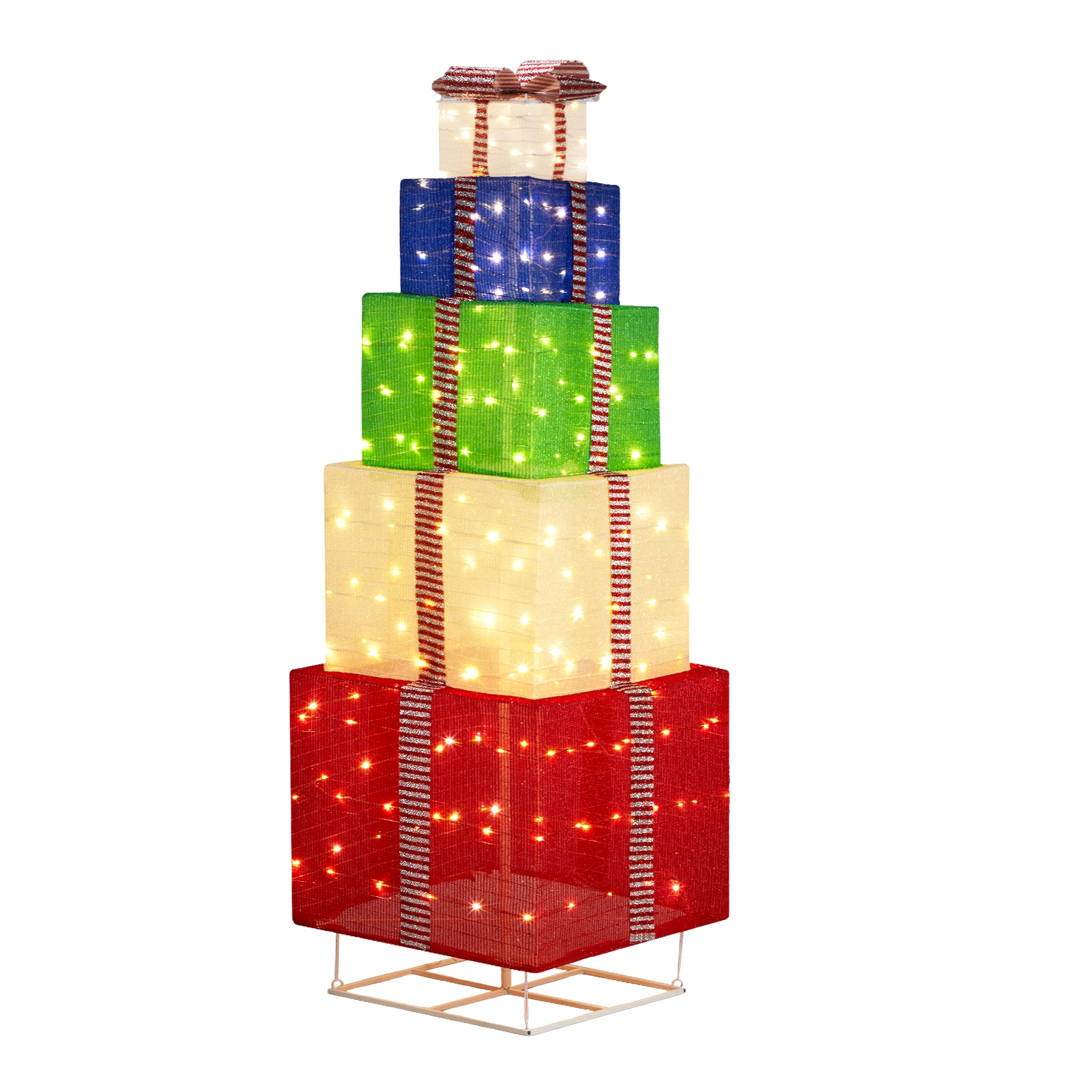6FT Lighted Gift Box Tower, 200 LED Warm White Pull Up Present Boxes, Christmas Outdoor Indoor Decor with Ropes Stakes, Multicolor