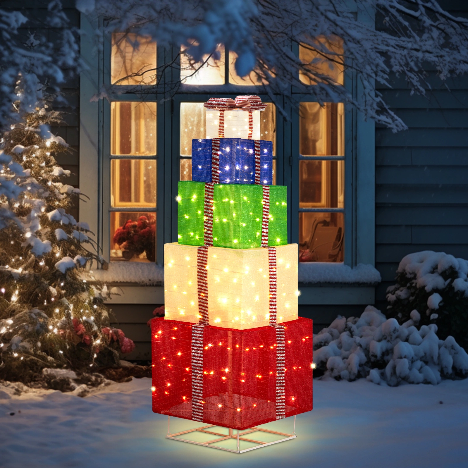 6FT Lighted Gift Box Tower, 200 LED Warm White Pull Up Present Boxes, Christmas Outdoor Indoor Decor with Ropes Stakes, Multicolor view 3