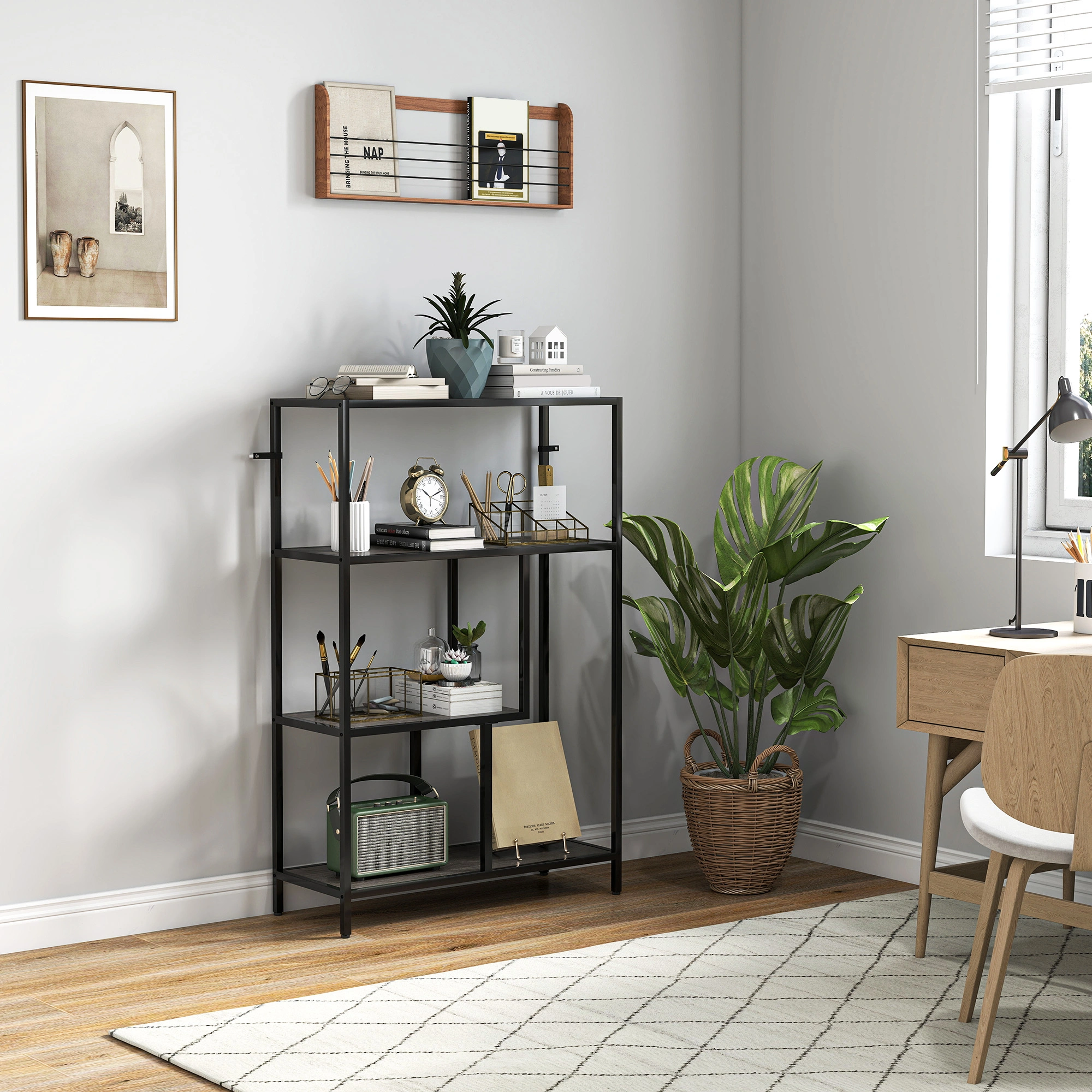 Bookshelf Storage Cabinet, Open Display Rack with Shelves, Multi-functional Organizer for Living Room, White view 3