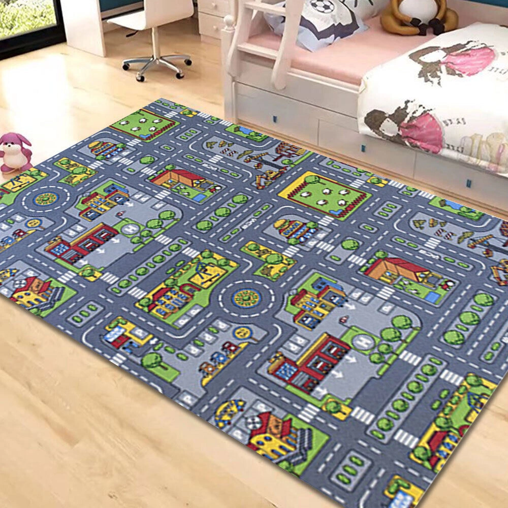 Kids Play Mat Road Map Town City Car Rug, Interactive Children's Village Floor Mat, 80 x 120cm