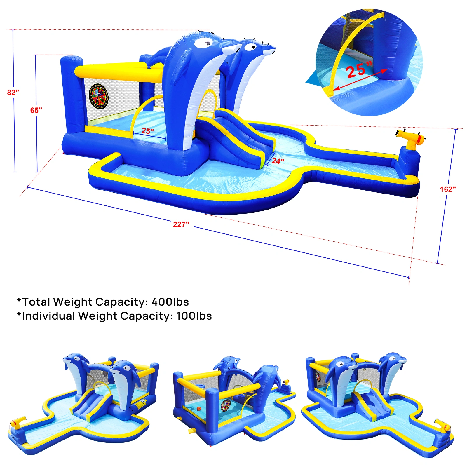 8 in 1 Inflatable Water Park Slide, Bounce House with Trampoline, Dolphin Sprinkler, Target Game, Water Gun & Basketball for Outdoor Garden view 11