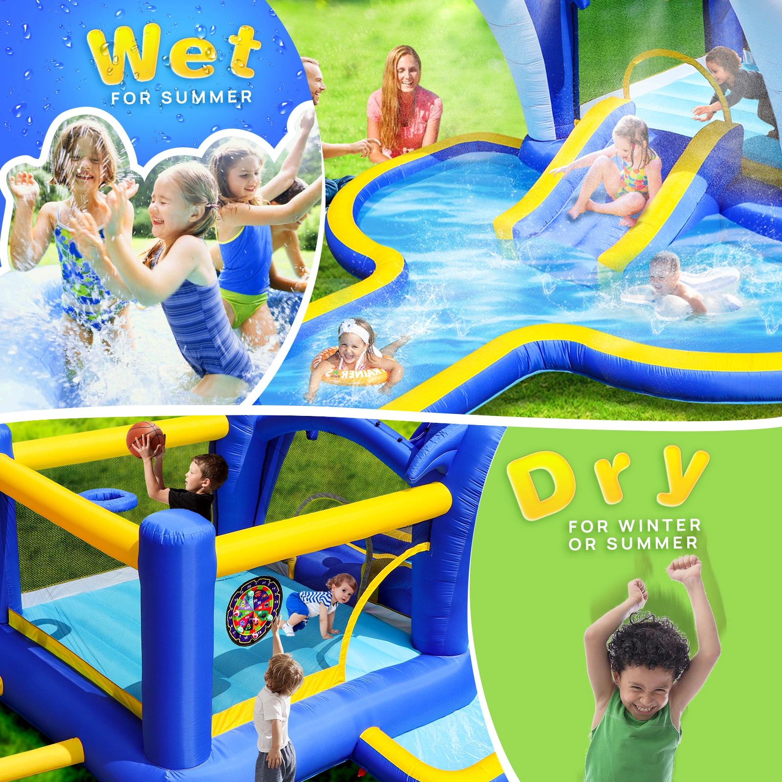 8 in 1 Inflatable Water Park Slide, Bounce House with Trampoline, Dolphin Sprinkler, Target Game, Water Gun & Basketball for Outdoor Garden view 12