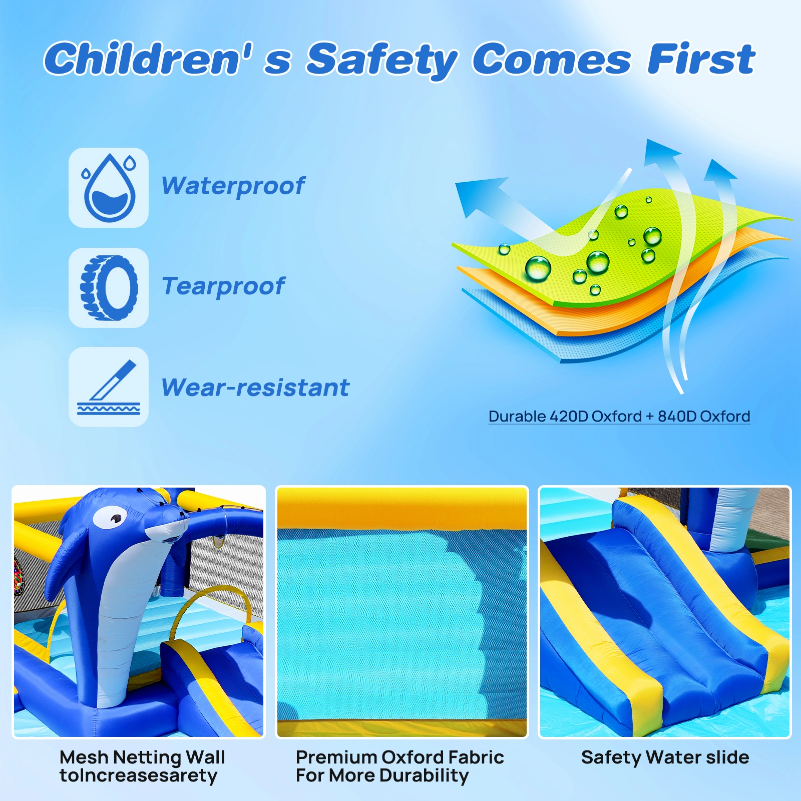 8 in 1 Inflatable Water Park Slide, Bounce House with Trampoline, Dolphin Sprinkler, Target Game, Water Gun & Basketball for Outdoor Garden view 14