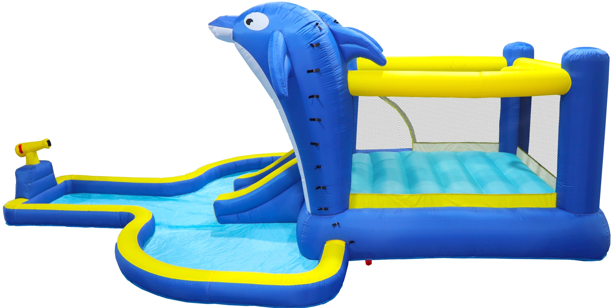8 in 1 Inflatable Water Park Slide, Bounce House with Trampoline, Dolphin Sprinkler, Target Game, Water Gun & Basketball for Outdoor Garden view 5
