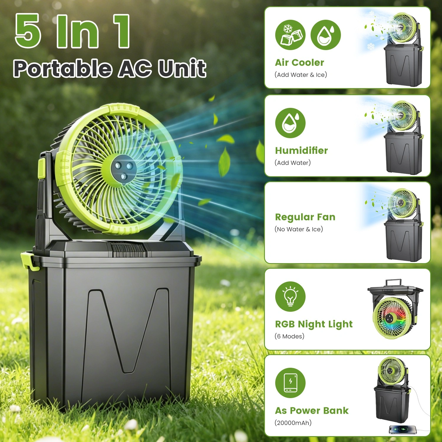 5-in-1 Rechargeable Misting Cooling Fan with 20000mAh Power Bank, 10L Large Water Tank 4 Mist Modes 4 Wind Speeds, RGB Night Light Timer Remote Control Portable Water Fan for Camping Patio RV Bedroom view 10