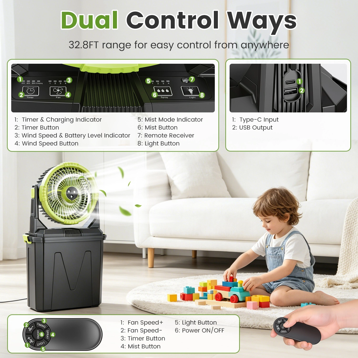 5-in-1 Rechargeable Misting Cooling Fan with 20000mAh Power Bank, 10L Large Water Tank 4 Mist Modes 4 Wind Speeds, RGB Night Light Timer Remote Control Portable Water Fan for Camping Patio RV Bedroom view 12