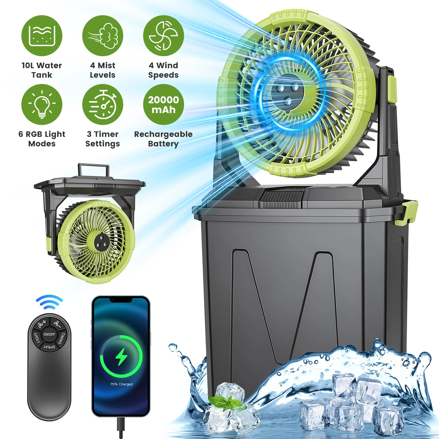 5-in-1 Rechargeable Misting Cooling Fan with 20000mAh Power Bank, 10L Large Water Tank 4 Mist Modes 4 Wind Speeds, RGB Night Light Timer Remote Control Portable Water Fan for Camping Patio RV Bedroom view 2