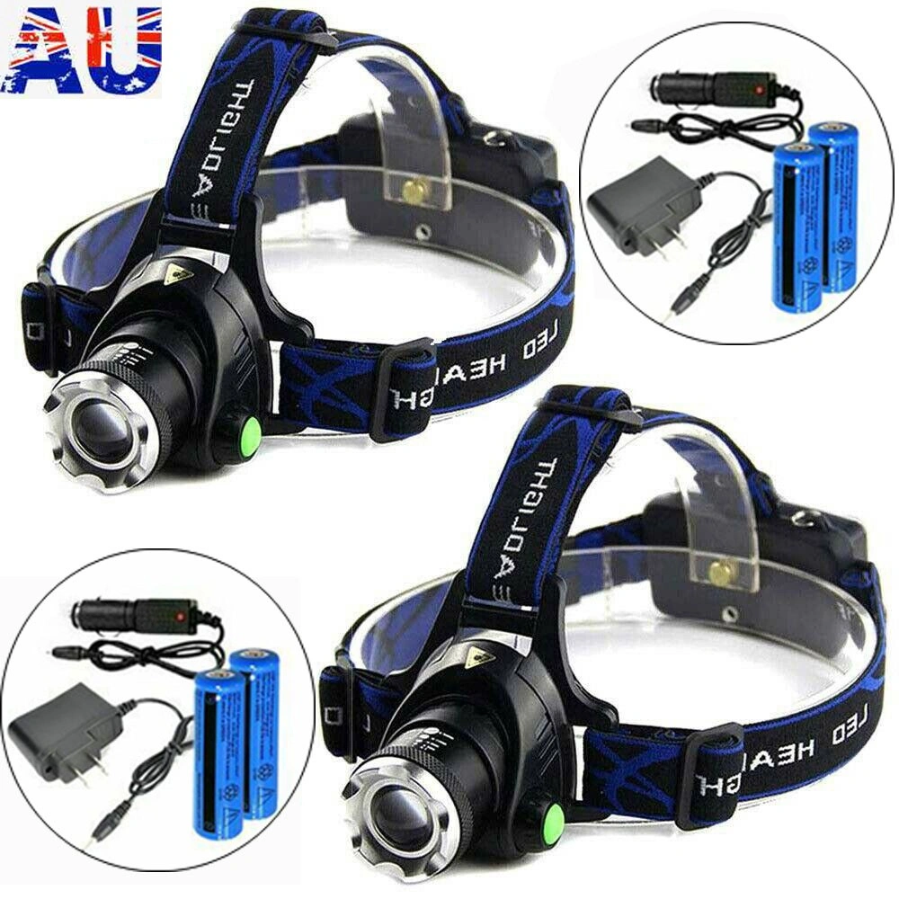 2 Pack Rechargeable LED Headlamp, Adjustable Camping Hiking Work Light with Battery & Charger Set