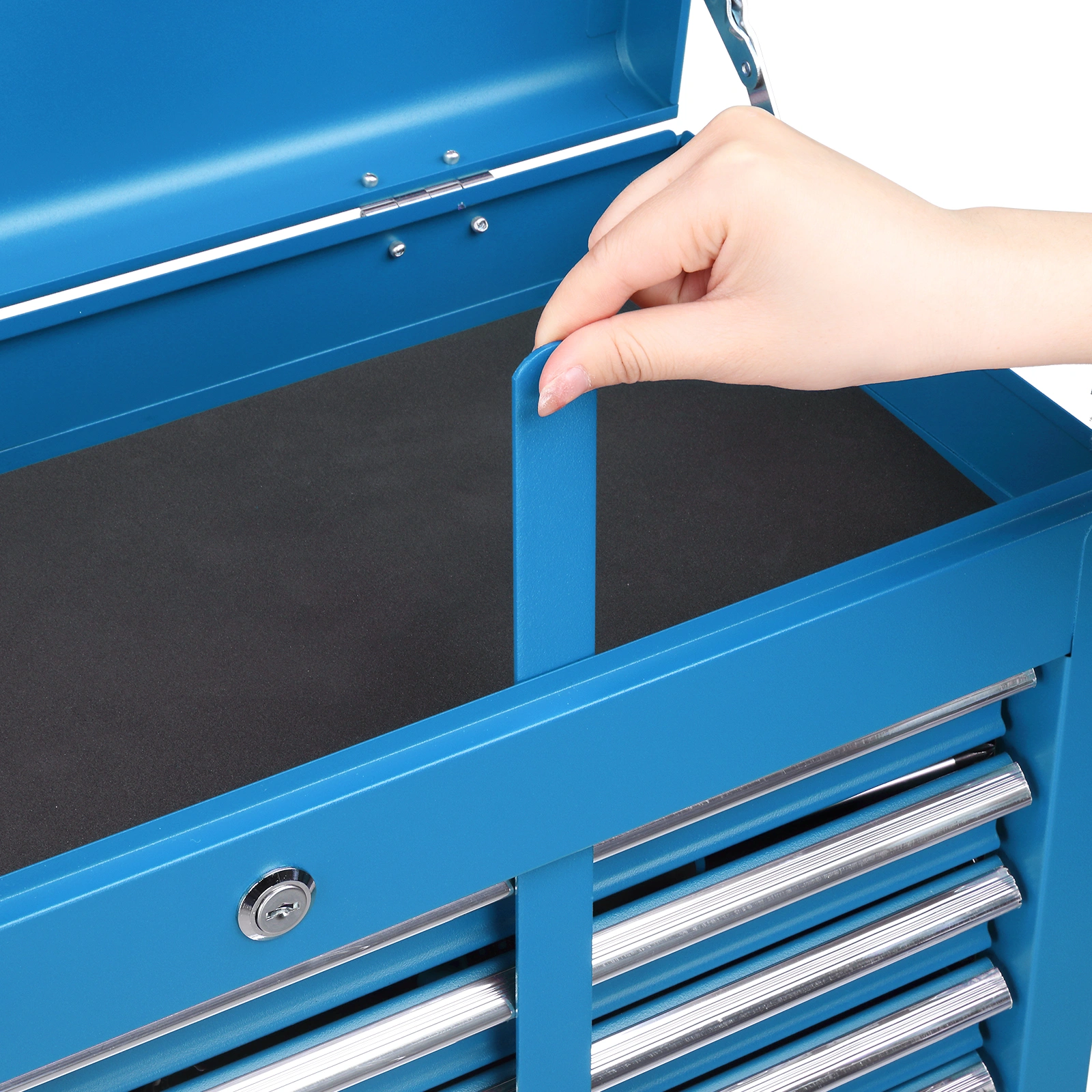 5-Drawer Lockable Steel Tool Chest, 330 lbs Capacity, Blue Heavy-Duty Tool Storage Cabinet with Drawer Liners & Lid Support for Workshop/Garage Maintenance view 14