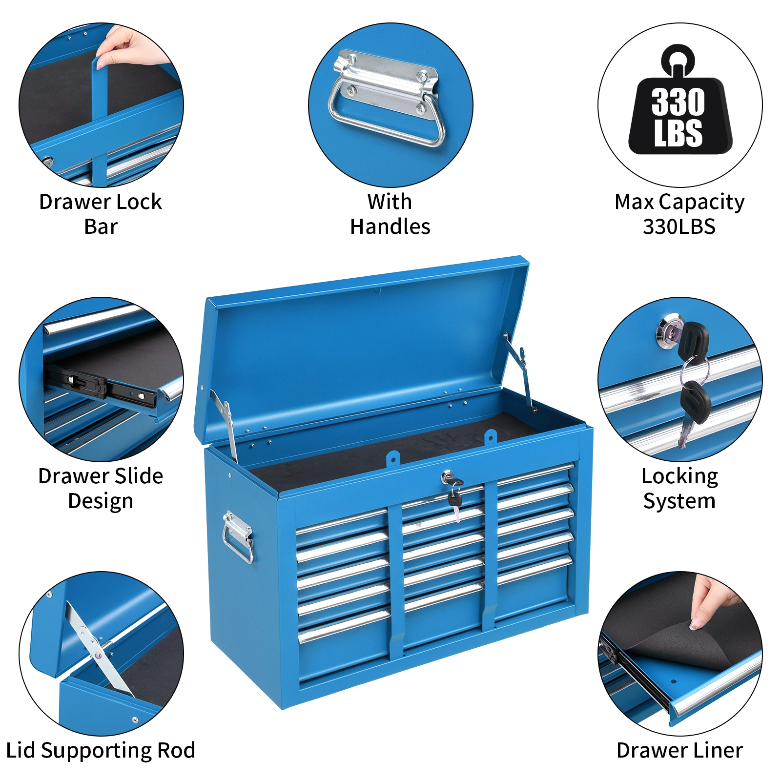 5-Drawer Lockable Steel Tool Chest, 330 lbs Capacity, Blue Heavy-Duty Tool Storage Cabinet with Drawer Liners & Lid Support for Workshop/Garage Maintenance view 7