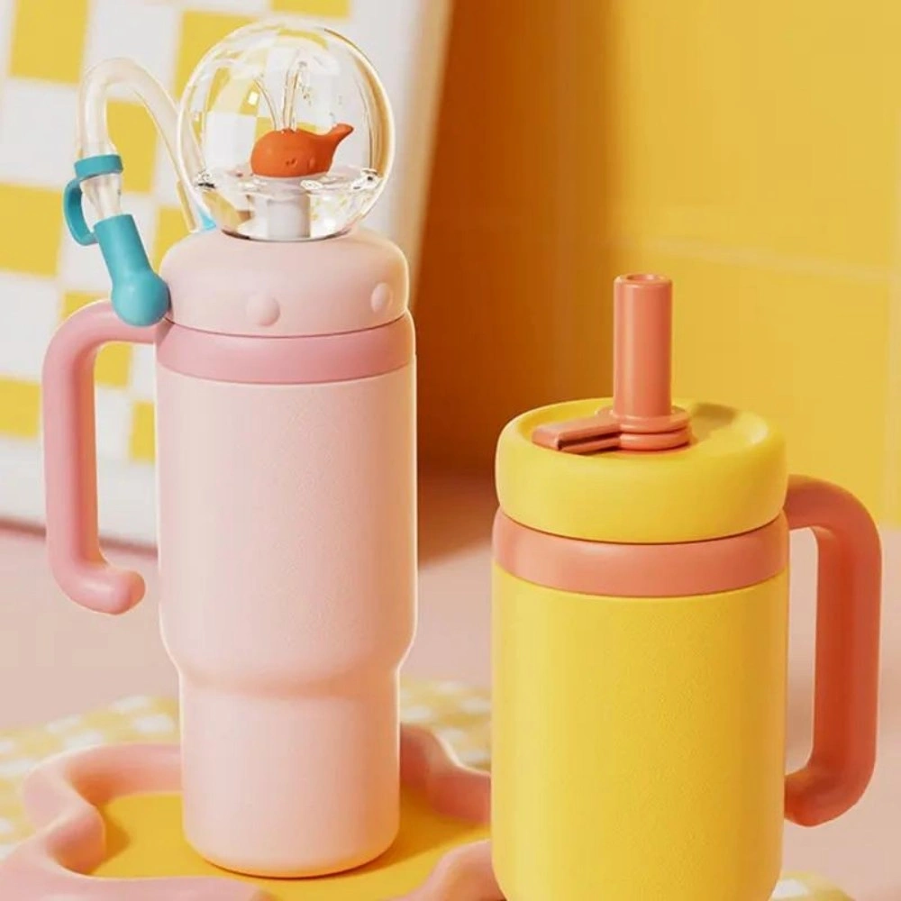 COMOBEBE 24oz Stainless Steel Whale Water Bottle with Handle, 2 Lids, Leakproof, Dishwasher Safe, Kids & Adults, Yellow