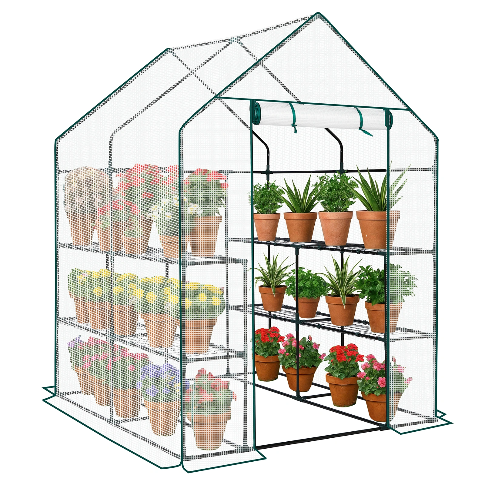 Mini Walk-In Greenhouse 8-Shelf with PE Cover, Indoor Outdoor Plant Garden House for Backyard, 56" x 56" x 77", White