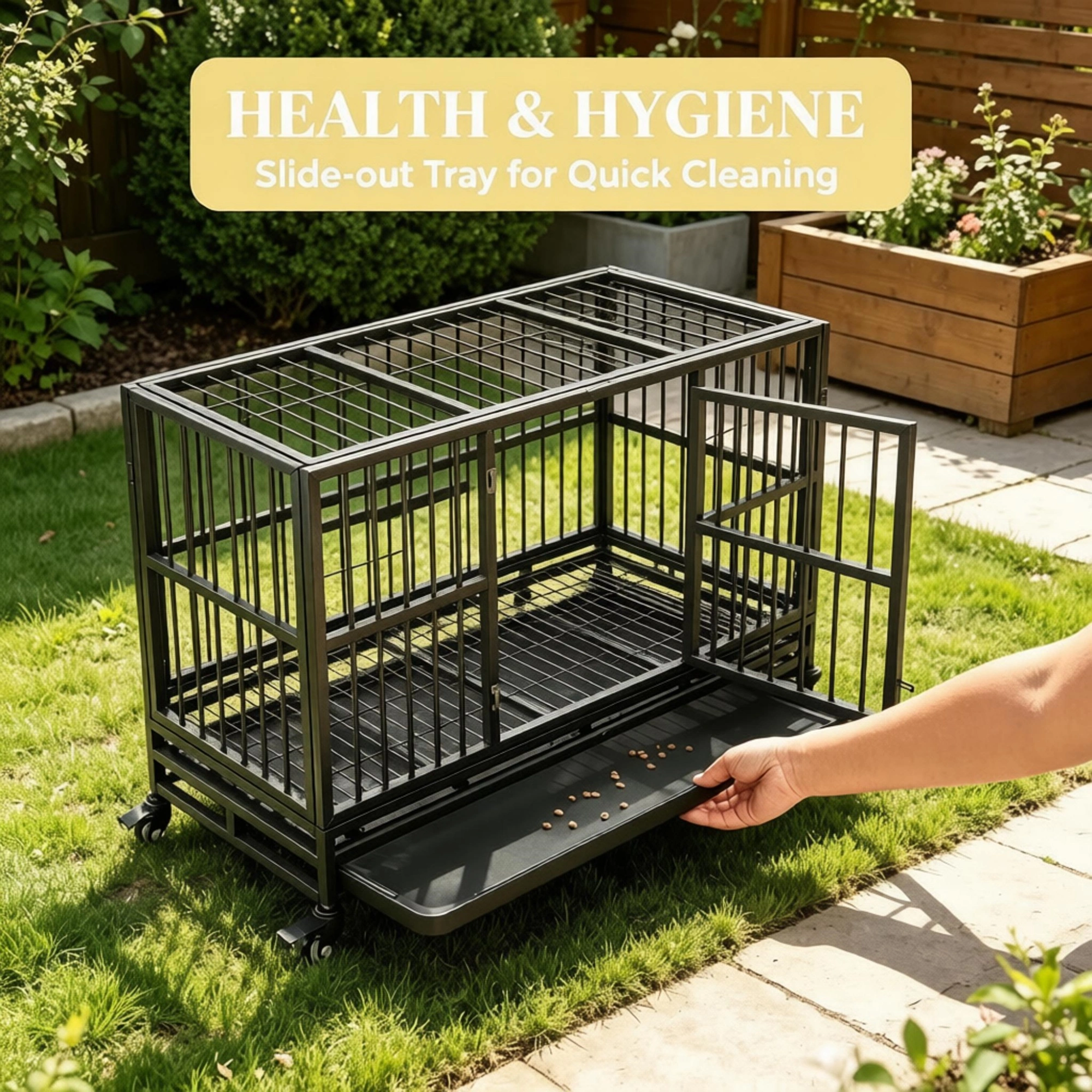 48 Inch Heavy Duty Metal Dog Crate Kennel with Lockable Wheels, Double Door & Removable Tray, Gray view 6