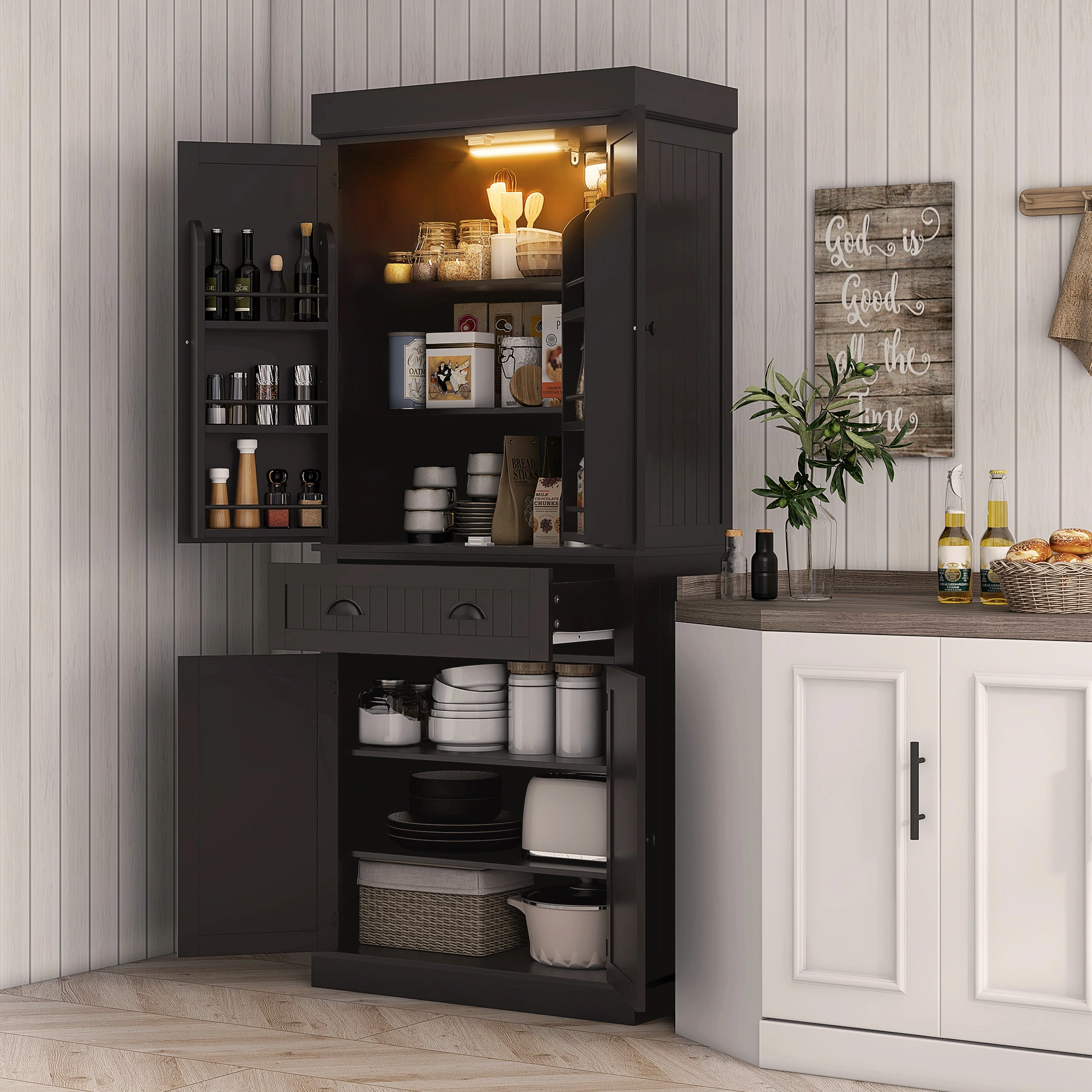 Modern Kitchen Storage Cabinet - Tall Pantry Cupboard w/ Adjustable Shelves, Soft-Close Doors, Space-Saving Design