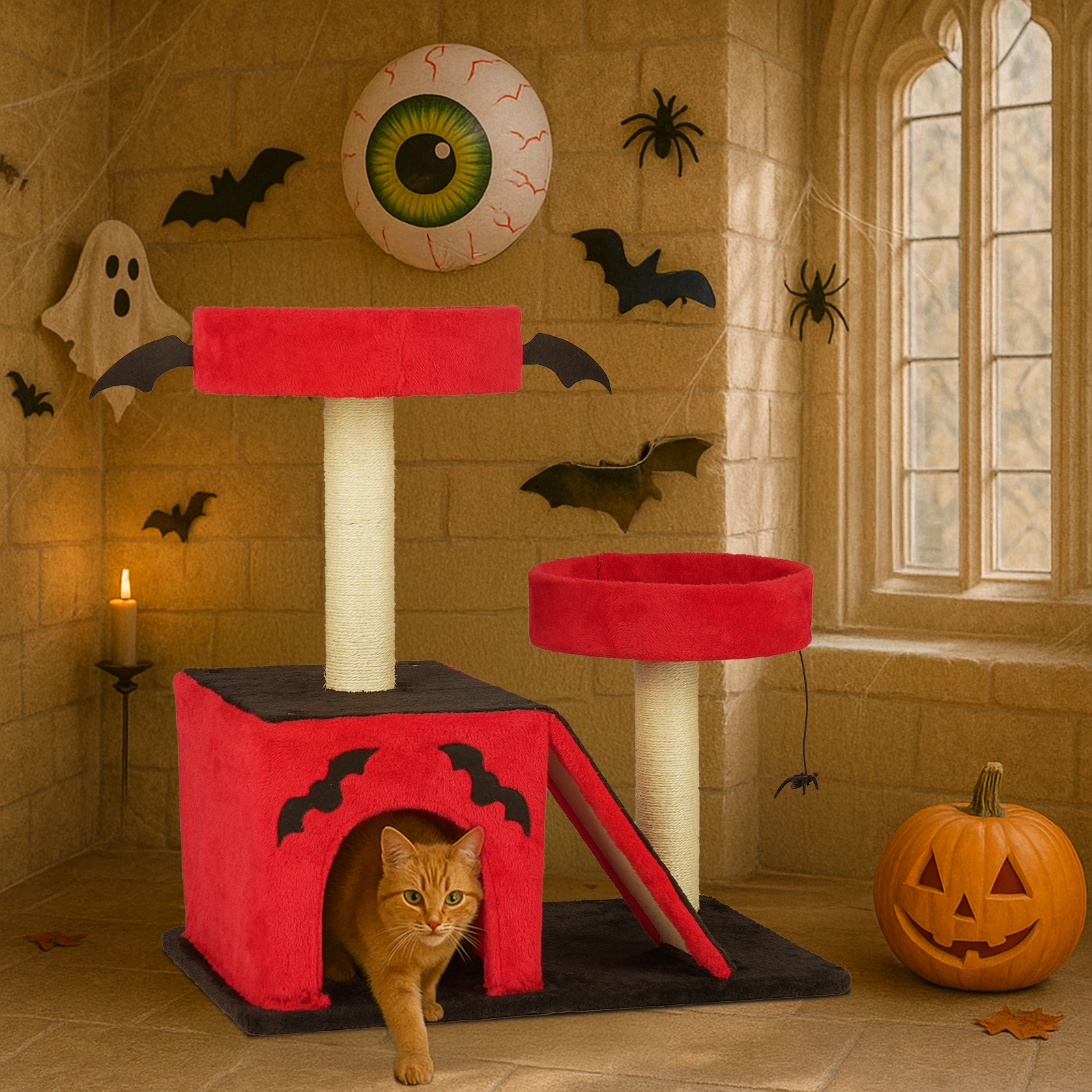 26" Gothic Cat Tree, Cat Tower with Spacious Cat Condo, 2 Padded Perches, Spider Toy, Scratching Posts, Scratching Ladder for Large Cats, Red & Black view 10