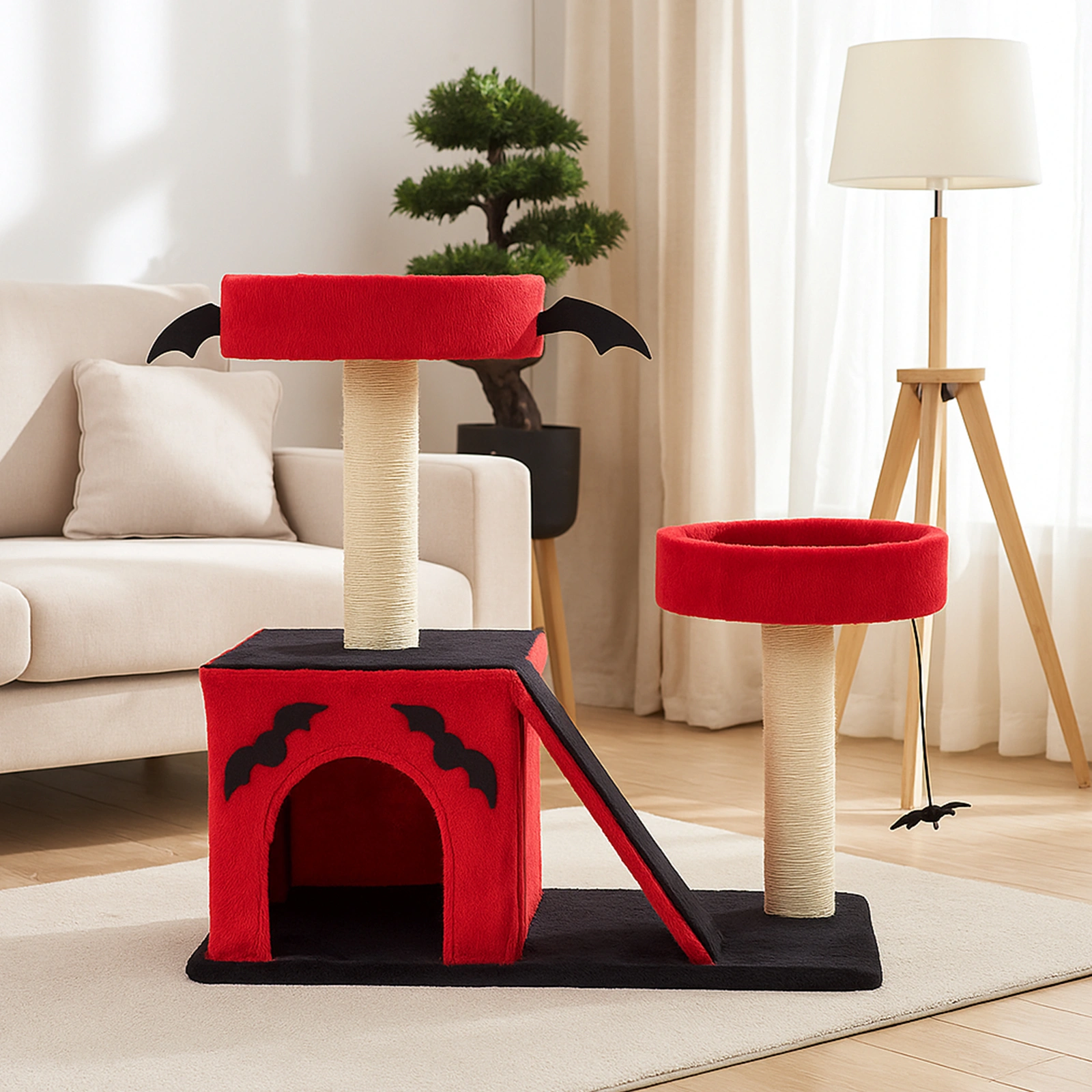 26" Gothic Cat Tree, Cat Tower with Spacious Cat Condo, 2 Padded Perches, Spider Toy, Scratching Posts, Scratching Ladder for Large Cats, Red & Black view 11