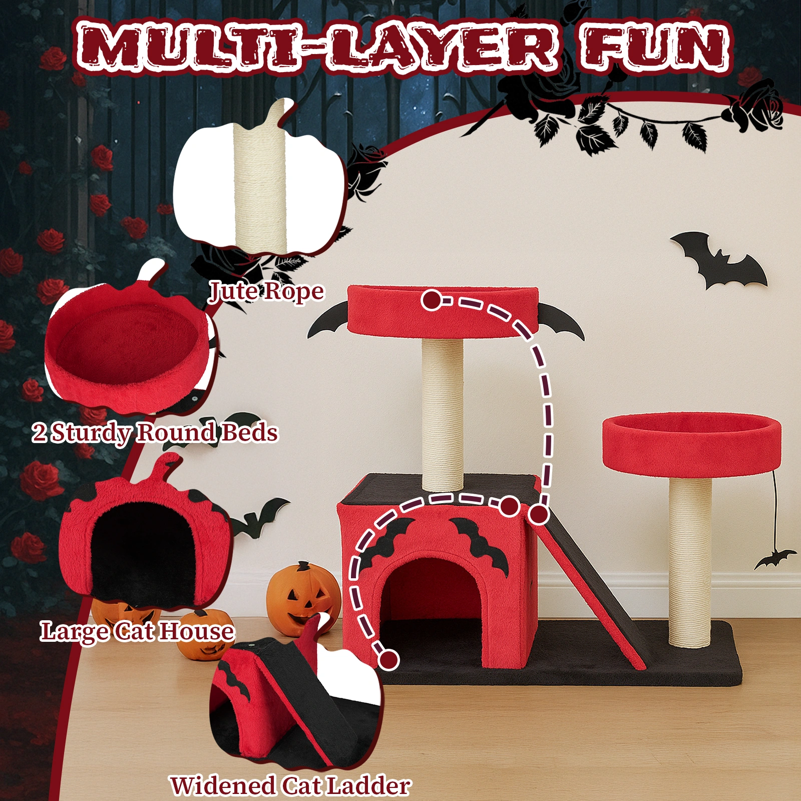 26" Gothic Cat Tree, Cat Tower with Spacious Cat Condo, 2 Padded Perches, Spider Toy, Scratching Posts, Scratching Ladder for Large Cats, Red & Black view 12