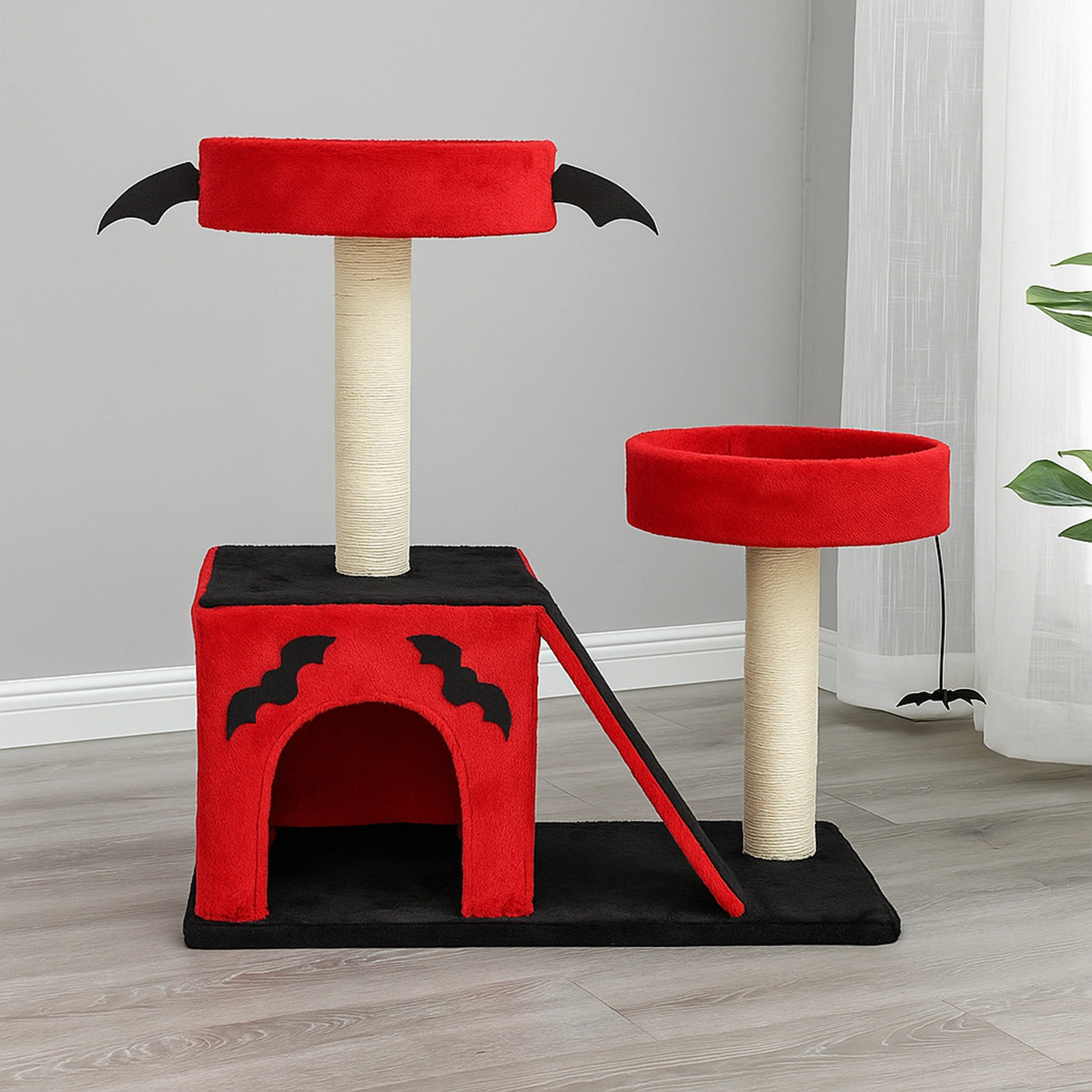 26" Gothic Cat Tree, Cat Tower with Spacious Cat Condo, 2 Padded Perches, Spider Toy, Scratching Posts, Scratching Ladder for Large Cats, Red & Black view 6
