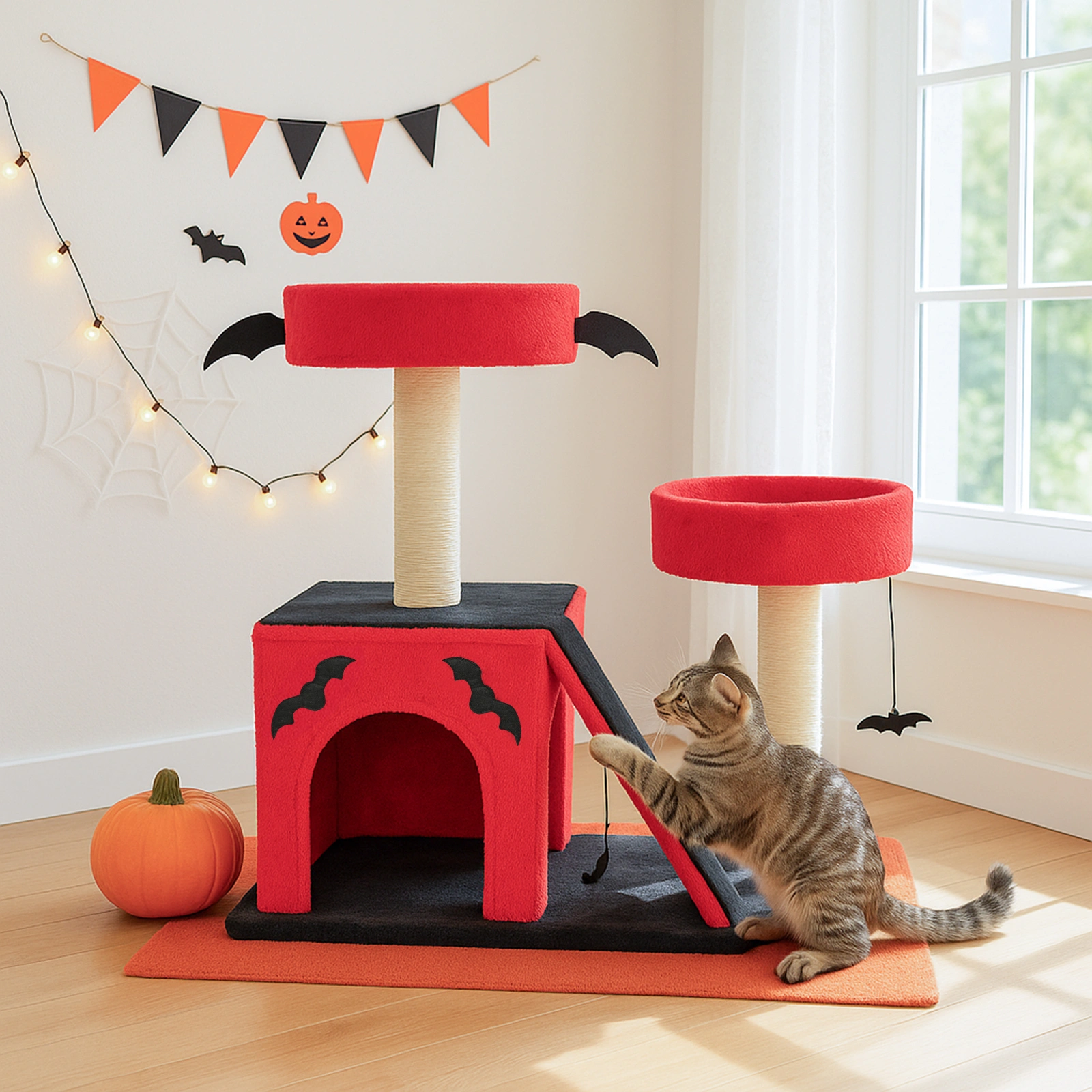 26" Gothic Cat Tree, Cat Tower with Spacious Cat Condo, 2 Padded Perches, Spider Toy, Scratching Posts, Scratching Ladder for Large Cats, Red & Black view 7