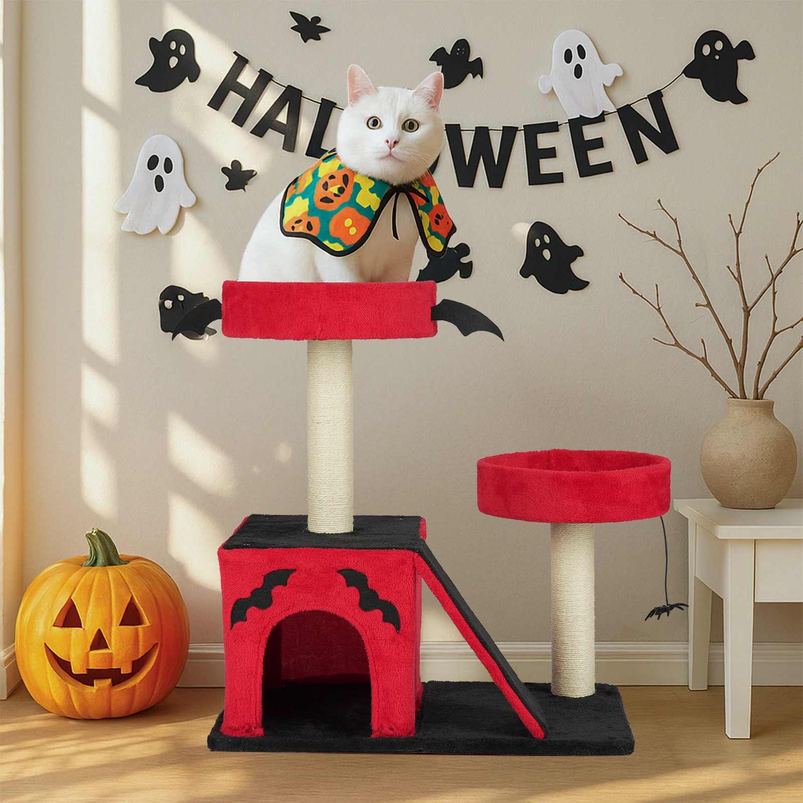 26" Gothic Cat Tree, Cat Tower with Spacious Cat Condo, 2 Padded Perches, Spider Toy, Scratching Posts, Scratching Ladder for Large Cats, Red & Black view 8