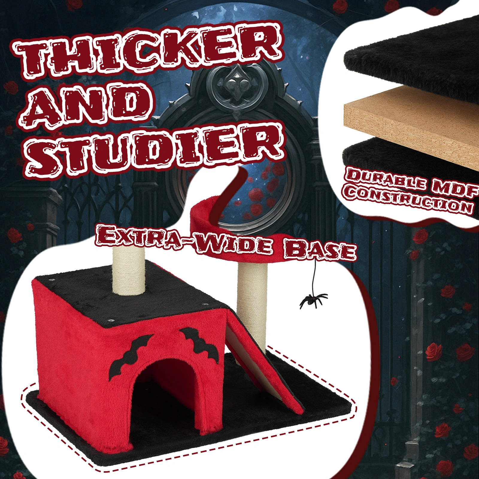 26" Gothic Cat Tree, Cat Tower with Spacious Cat Condo, 2 Padded Perches, Spider Toy, Scratching Posts, Scratching Ladder for Large Cats, Red & Black view 9