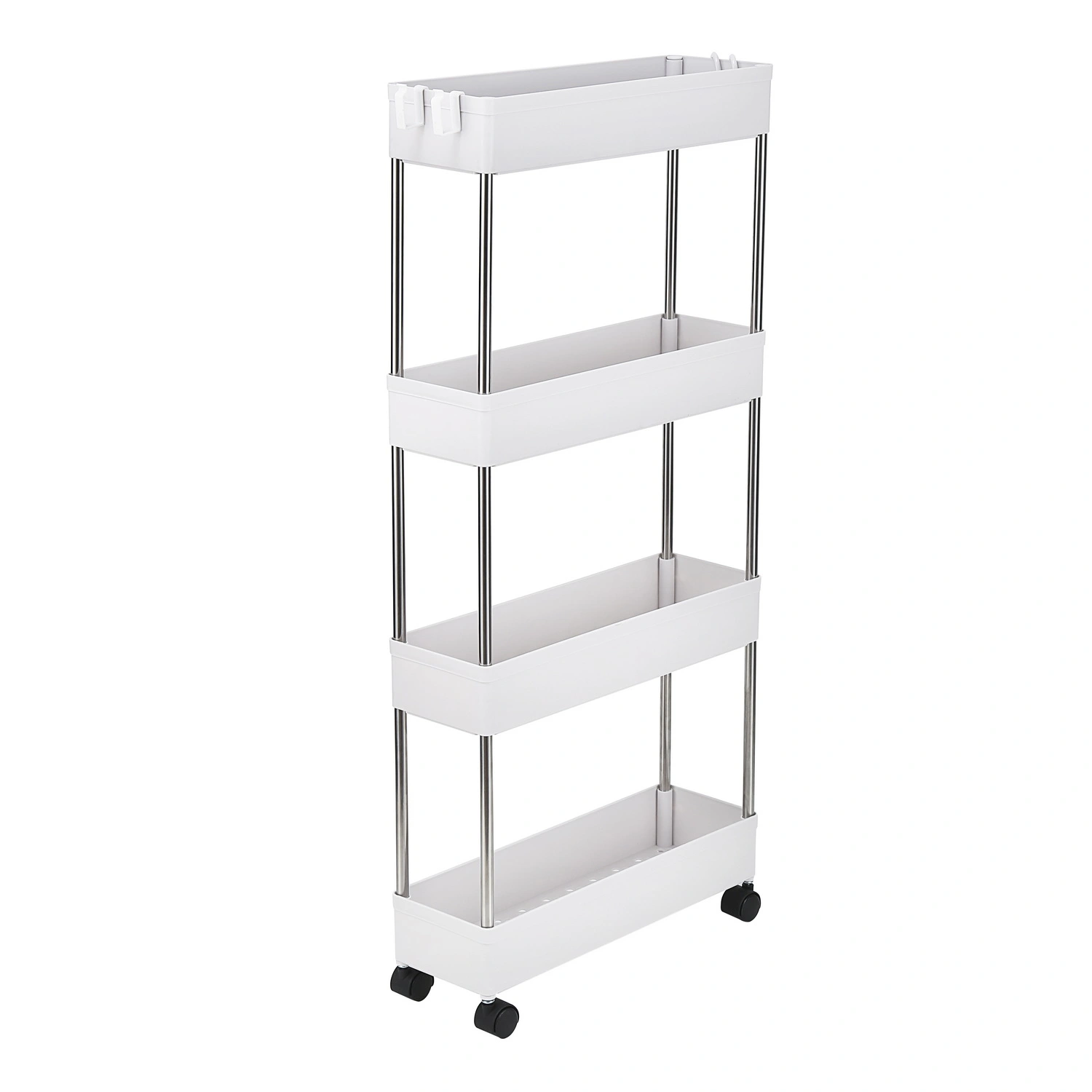 4-Layer Ultra-thin, Mobile Multi-functional Slim Storage Cart,Suitable for Kitchen, Bathroom, Laundry Room Narrow Place, Plastic and Stainless Steel, White view 2
