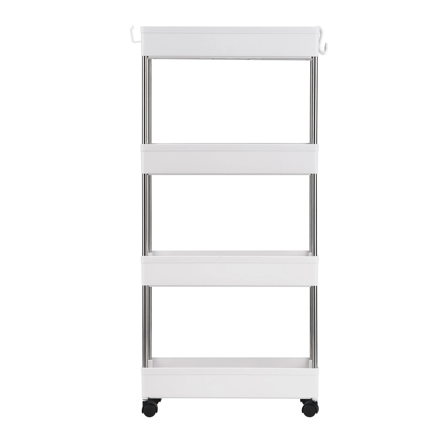 4-Layer Ultra-thin, Mobile Multi-functional Slim Storage Cart,Suitable for Kitchen, Bathroom, Laundry Room Narrow Place, Plastic and Stainless Steel, White view 3