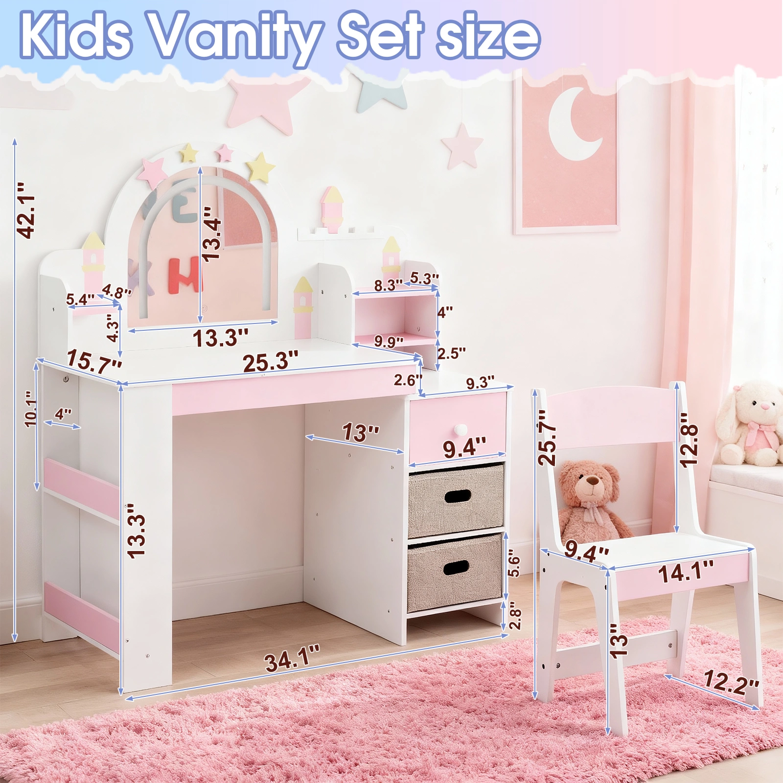 Childrens Dressing Table Set with Castle & Star Design, White Pink, 1 Wooden Drawer, 2 Fabric Drawers, 2-Tier Shelf, MDF Particleboard Dresser for Kids Girls Bedroom view 11