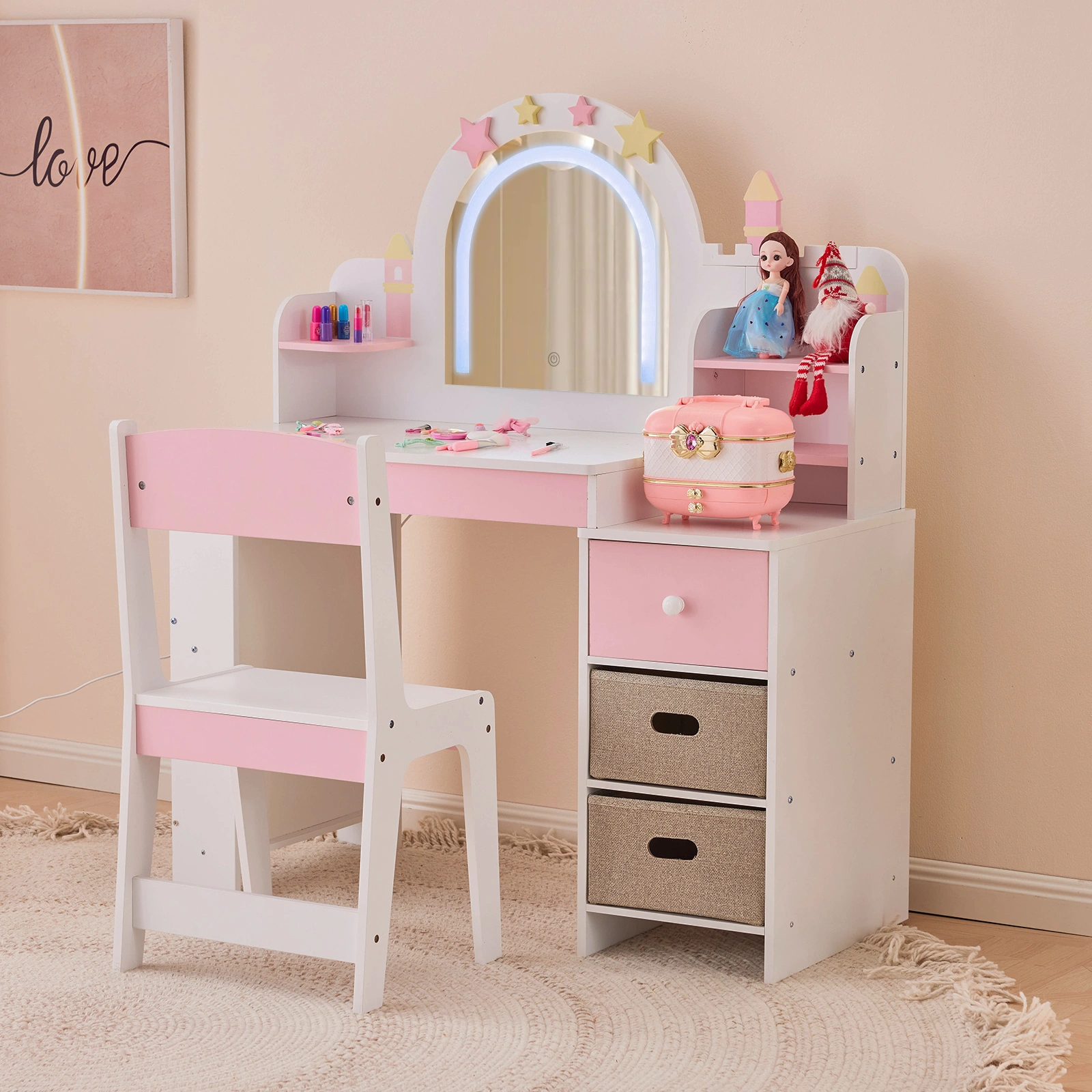 Childrens Dressing Table Set with Castle & Star Design, White Pink, 1 Wooden Drawer, 2 Fabric Drawers, 2-Tier Shelf, MDF Particleboard Dresser for Kids Girls Bedroom view 13
