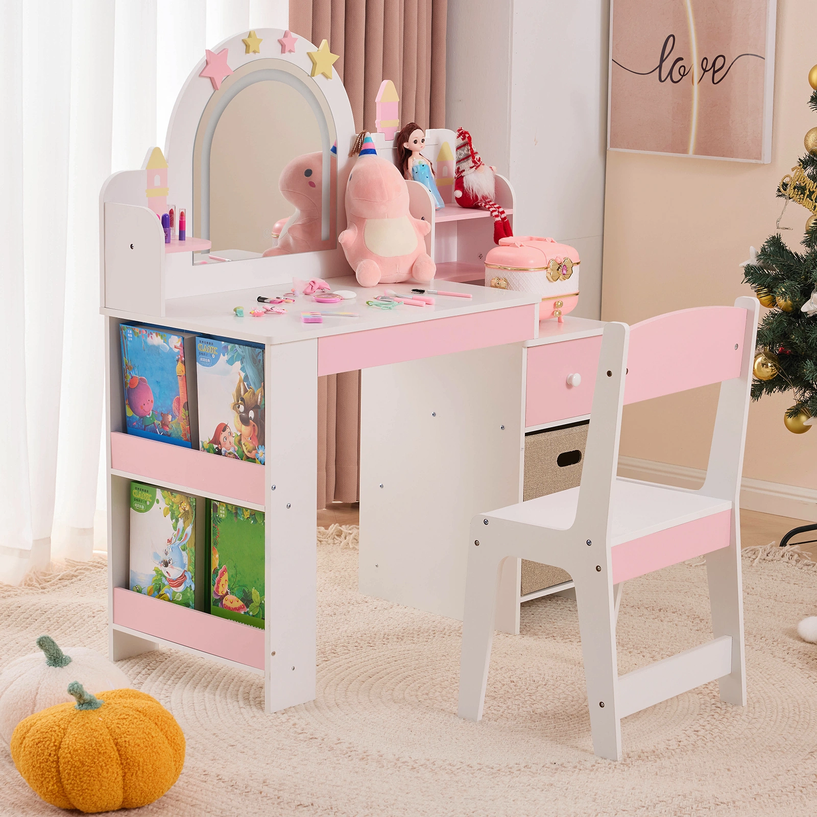 Childrens Dressing Table Set with Castle & Star Design, White Pink, 1 Wooden Drawer, 2 Fabric Drawers, 2-Tier Shelf, MDF Particleboard Dresser for Kids Girls Bedroom view 16