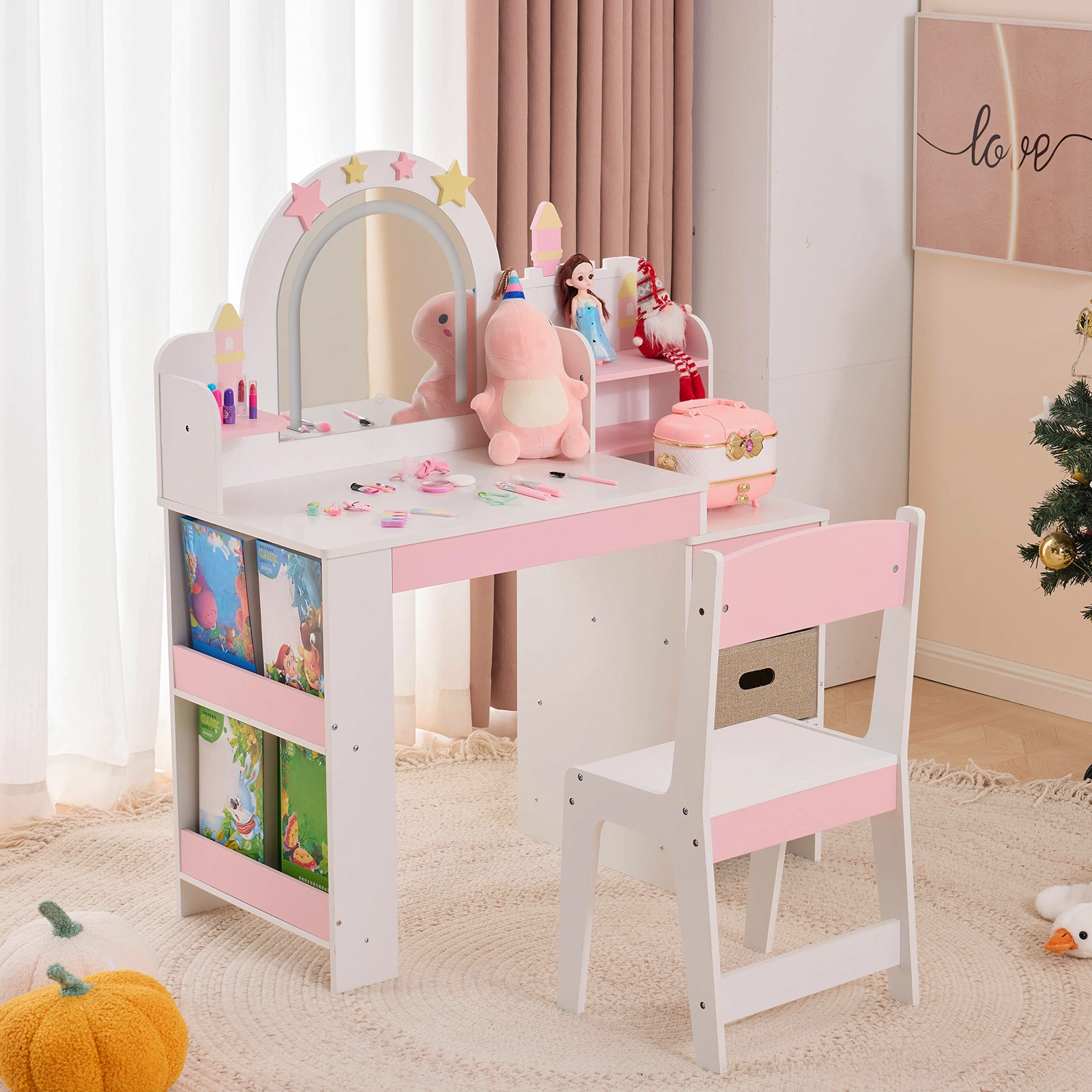 Childrens Dressing Table Set with Castle & Star Design, White Pink, 1 Wooden Drawer, 2 Fabric Drawers, 2-Tier Shelf, MDF Particleboard Dresser for Kids Girls Bedroom view 5