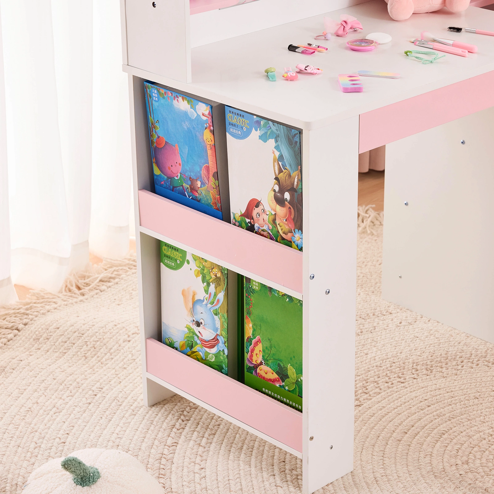 Childrens Dressing Table Set with Castle & Star Design, White Pink, 1 Wooden Drawer, 2 Fabric Drawers, 2-Tier Shelf, MDF Particleboard Dresser for Kids Girls Bedroom view 8