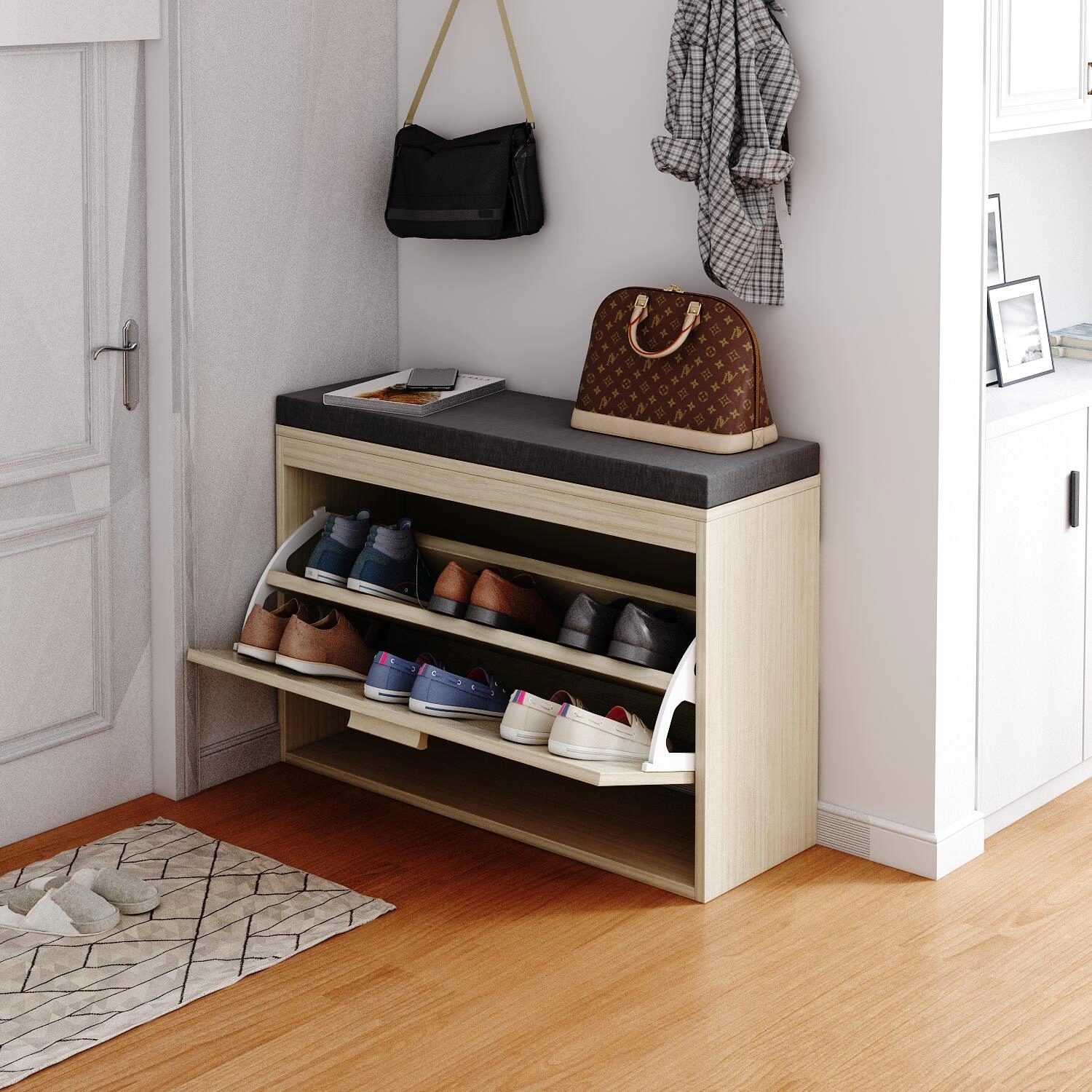 Rattan Shoe Rack, Hallway Shoe Bench, Shoe Cabinet with Flip-Drawer and Seat Cushion view 2