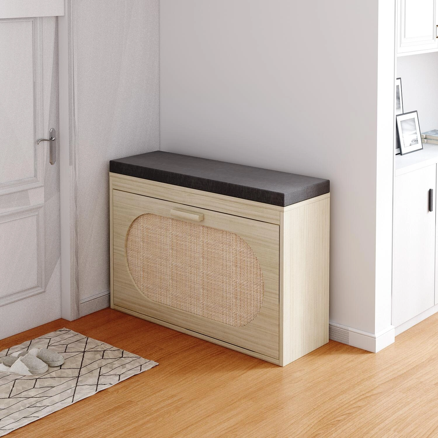 Rattan Shoe Rack, Hallway Shoe Bench, Shoe Cabinet with Flip-Drawer and Seat Cushion view 7
