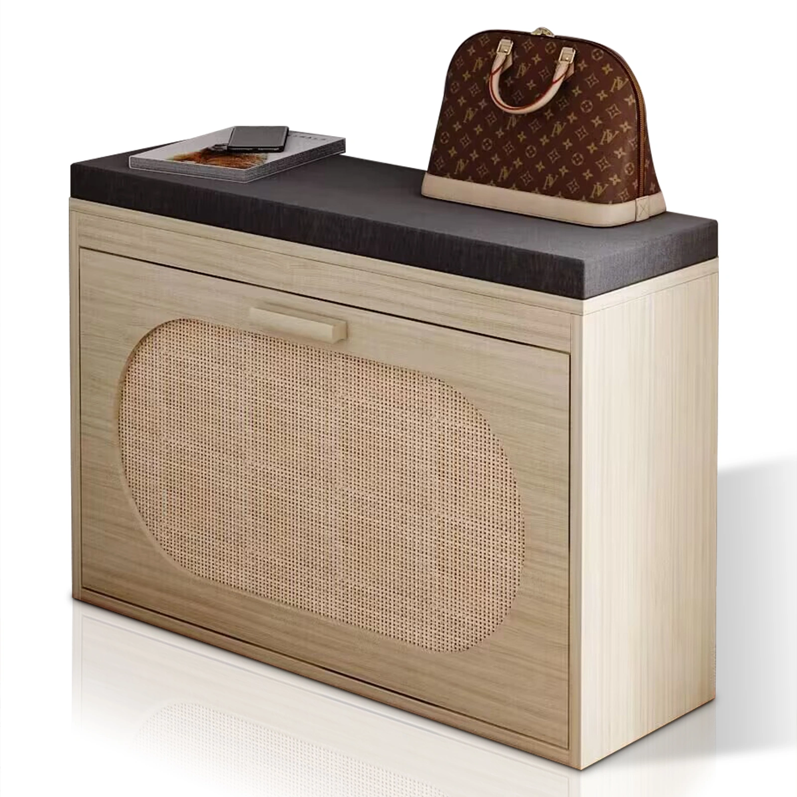 Rattan Shoe Rack, Hallway Shoe Bench, Shoe Cabinet with Flip-Drawer and Seat Cushion view 8