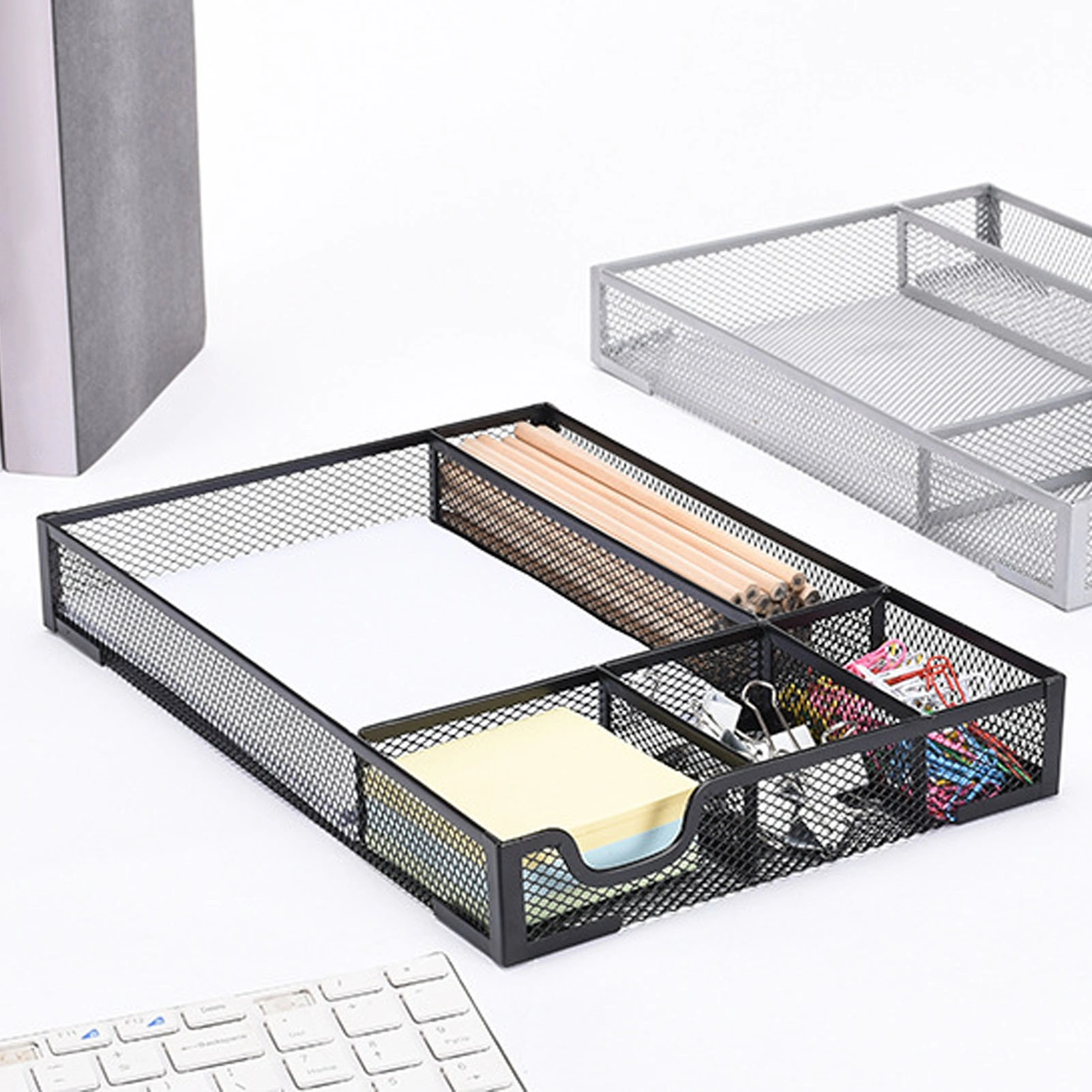 Black Desk Drawer Organizer Tray with 5 Dividers & Anti-Slip Pads - Stationery Pen Pencil Drawer Organizer for Office Supplies, Desktop, Vanity view 5