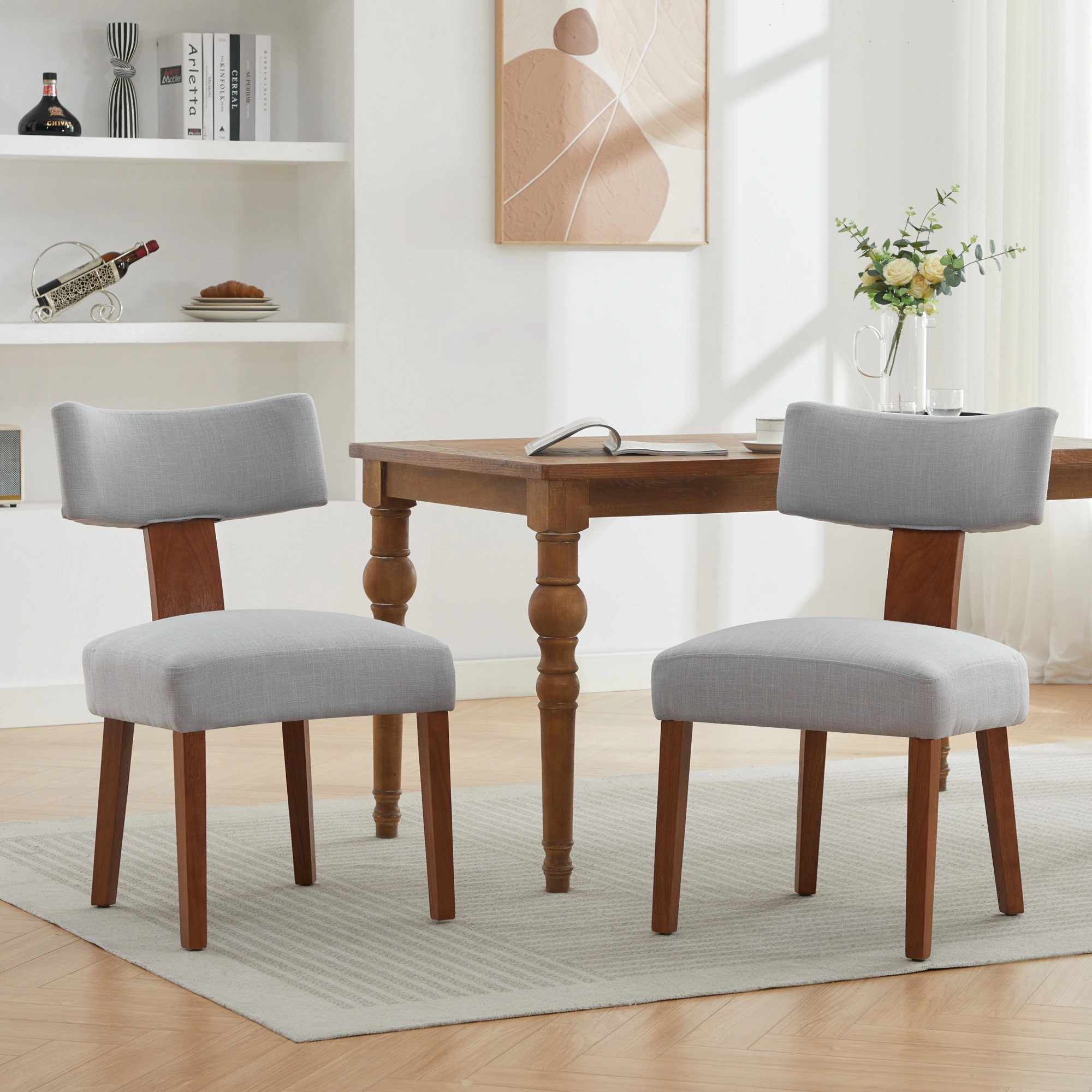 Set of 2 Gray Linen Fabric Dining Chairs, Modern Armless Side Chairs with Curved Backrest & Solid Wooden Legs for Dining Room, Living Room