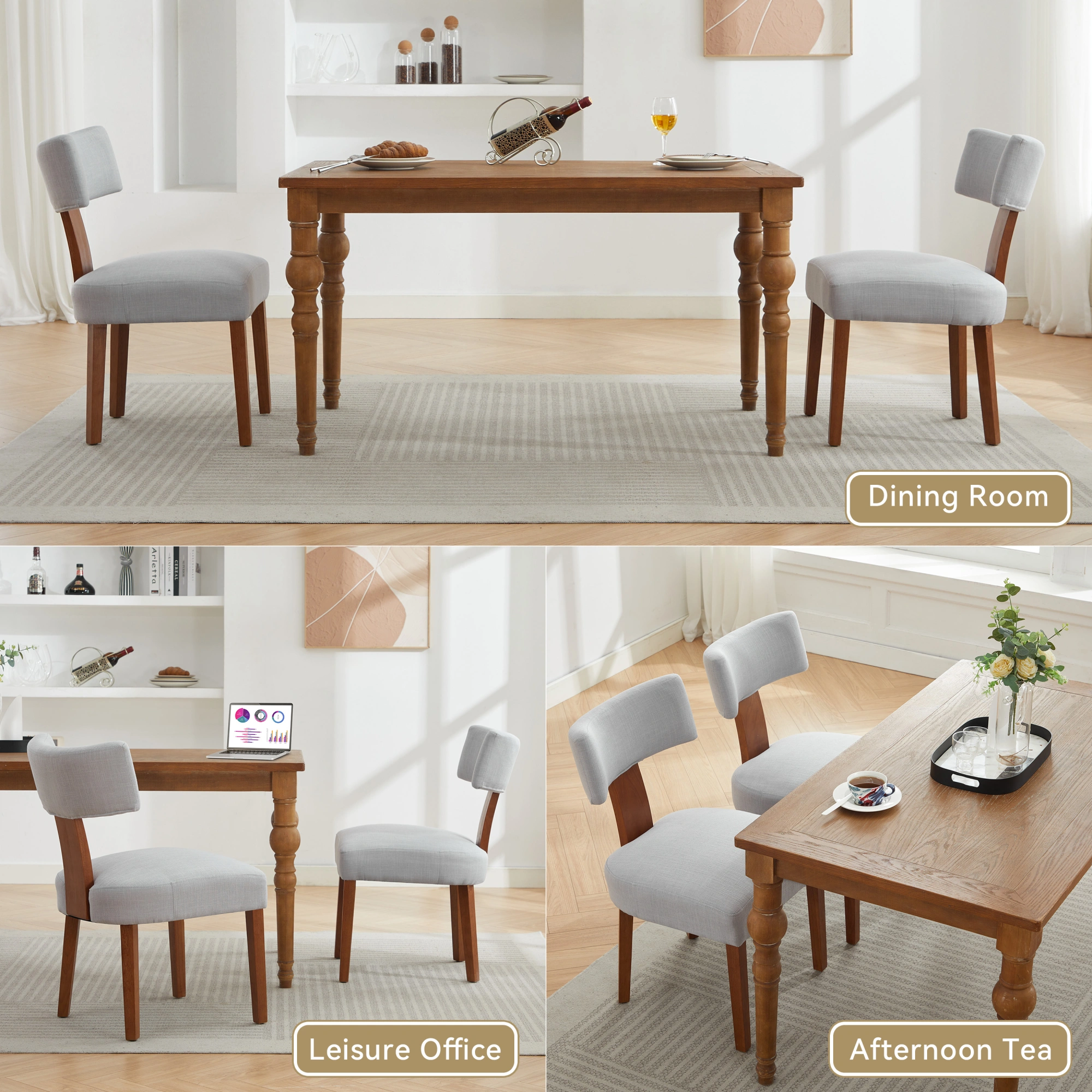 Set of 2 Gray Linen Fabric Dining Chairs, Modern Armless Side Chairs with Curved Backrest & Solid Wooden Legs for Dining Room, Living Room view 11