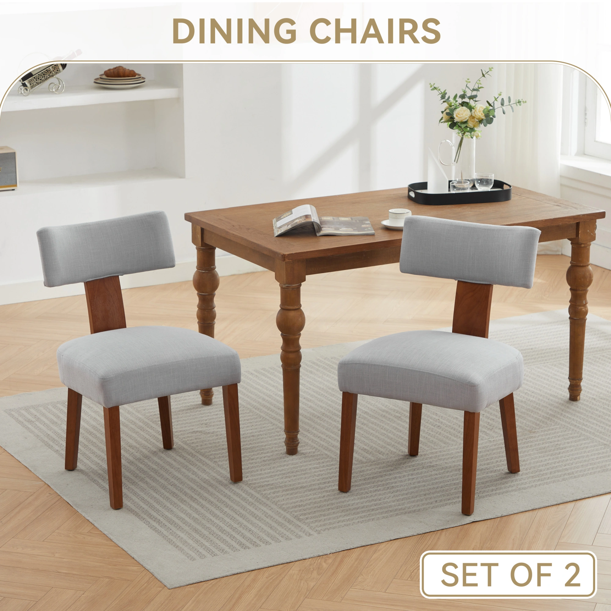 Set of 2 Gray Linen Fabric Dining Chairs, Modern Armless Side Chairs with Curved Backrest & Solid Wooden Legs for Dining Room, Living Room view 4