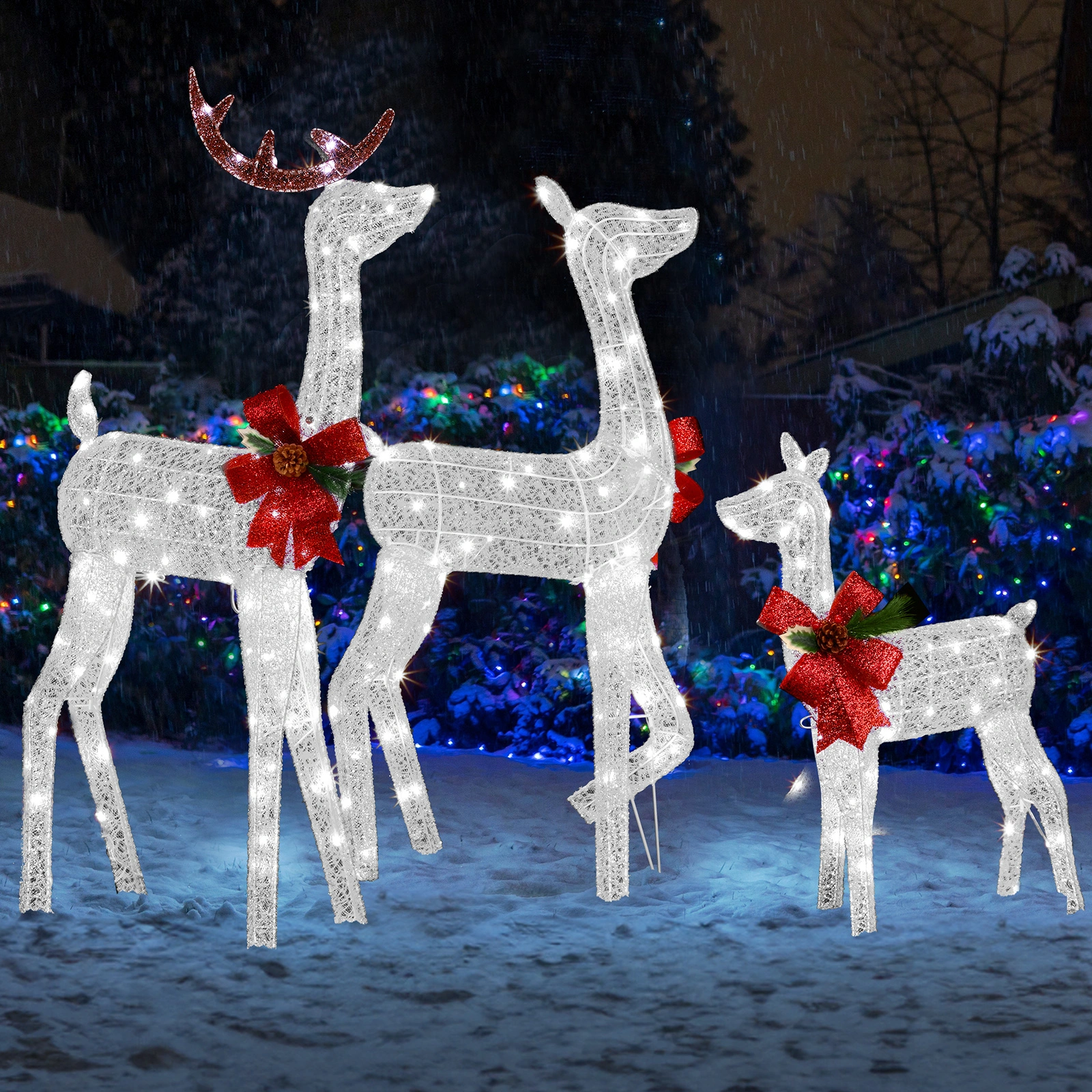 3 Piece Lighted Christmas Reindeer Family Set Weather Proof 2D Deer Outdoor Decor with 200 LED Warm White Lights Stakes White view 2