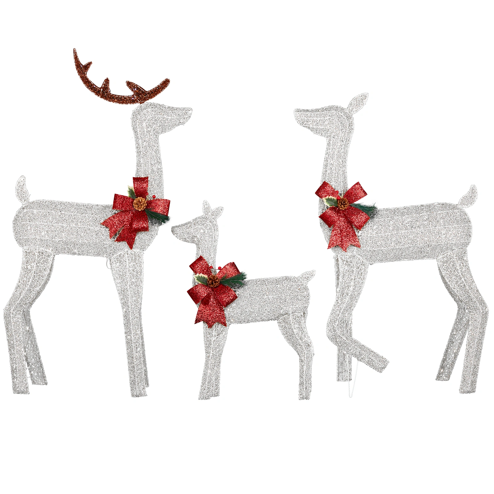 3 Piece Lighted Christmas Reindeer Family Set Weather Proof 2D Deer Outdoor Decor with 200 LED Warm White Lights Stakes White view 3