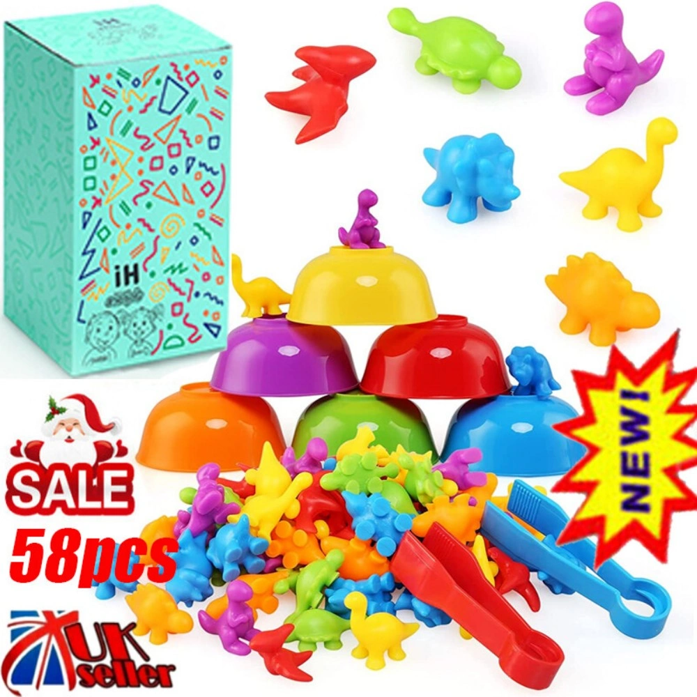 Montessori Counting Dinosaurs Toys 58 Pieces, Rainbow Educational Color Matching Cups for Kids