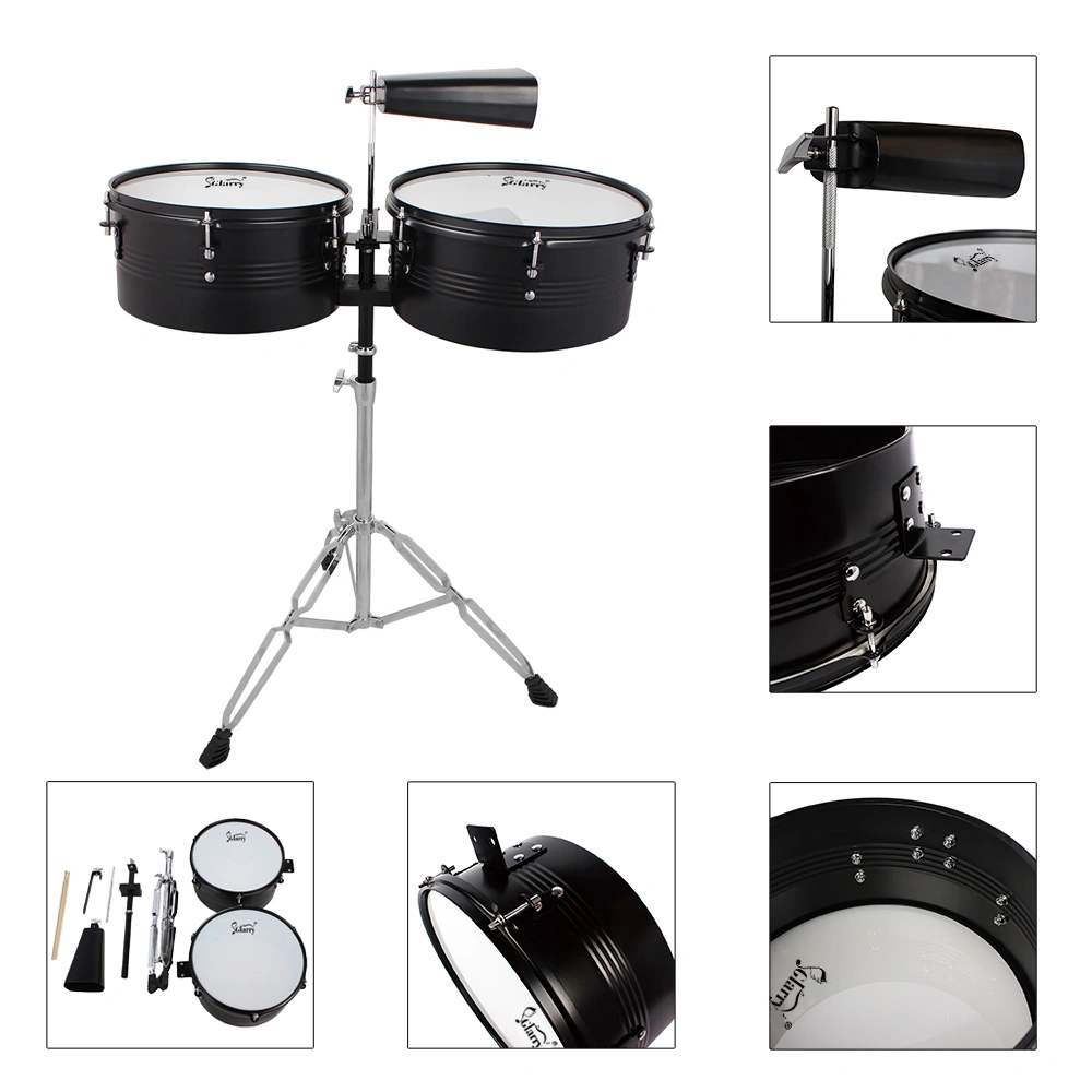 Percussion 13" & 14" Timbales Drum Set with Stand and Cowbell - Black
