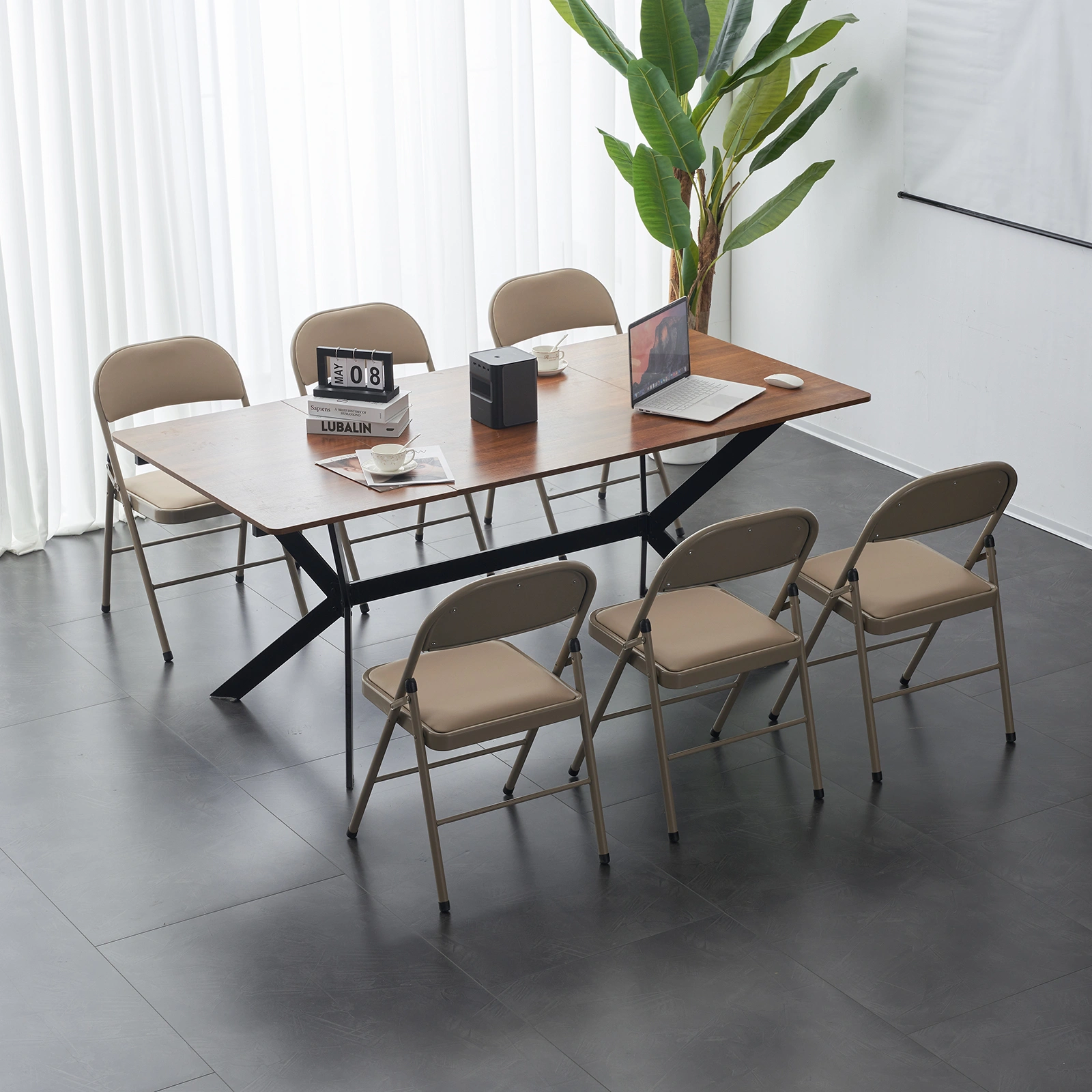 4pcs Elegant Foldable Iron & PVC Chairs for Convention & Exhibition Light Brown view 20