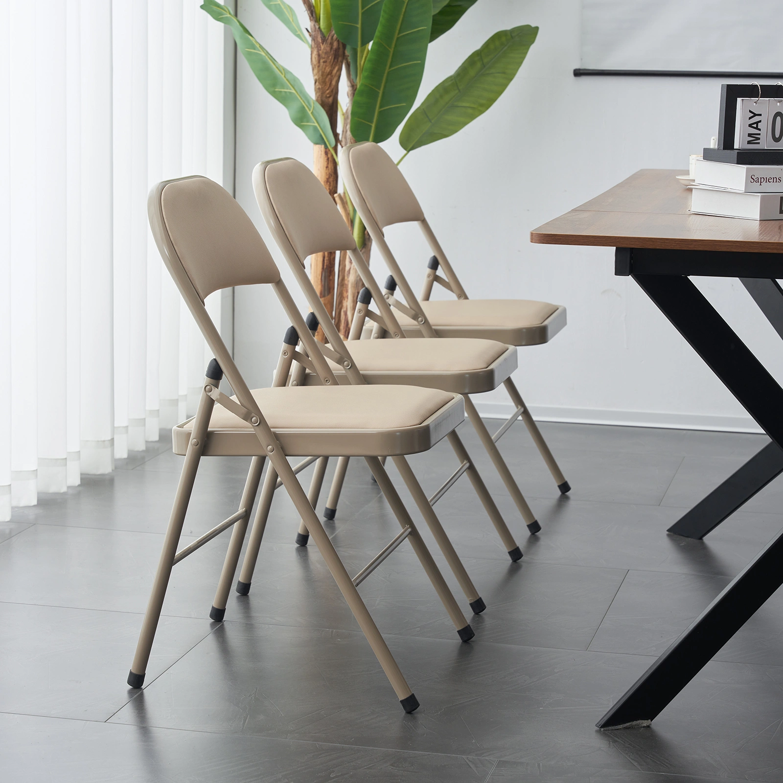 4pcs Elegant Foldable Iron & PVC Chairs for Convention & Exhibition Light Brown view 21