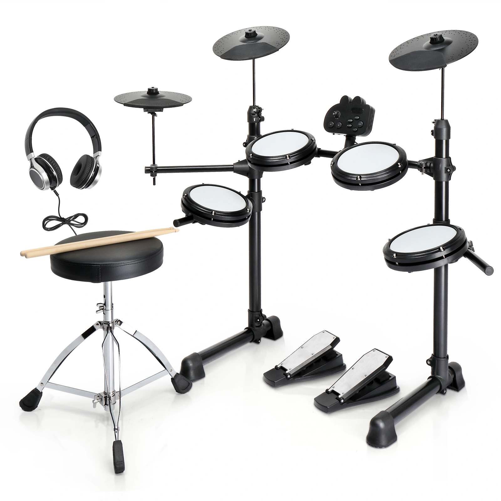 Electronic Drum Set for Beginners, 4x7" Pads + 3x10" Cymbals, 150 Sounds, Drum Module, Headphones & Sticks Included